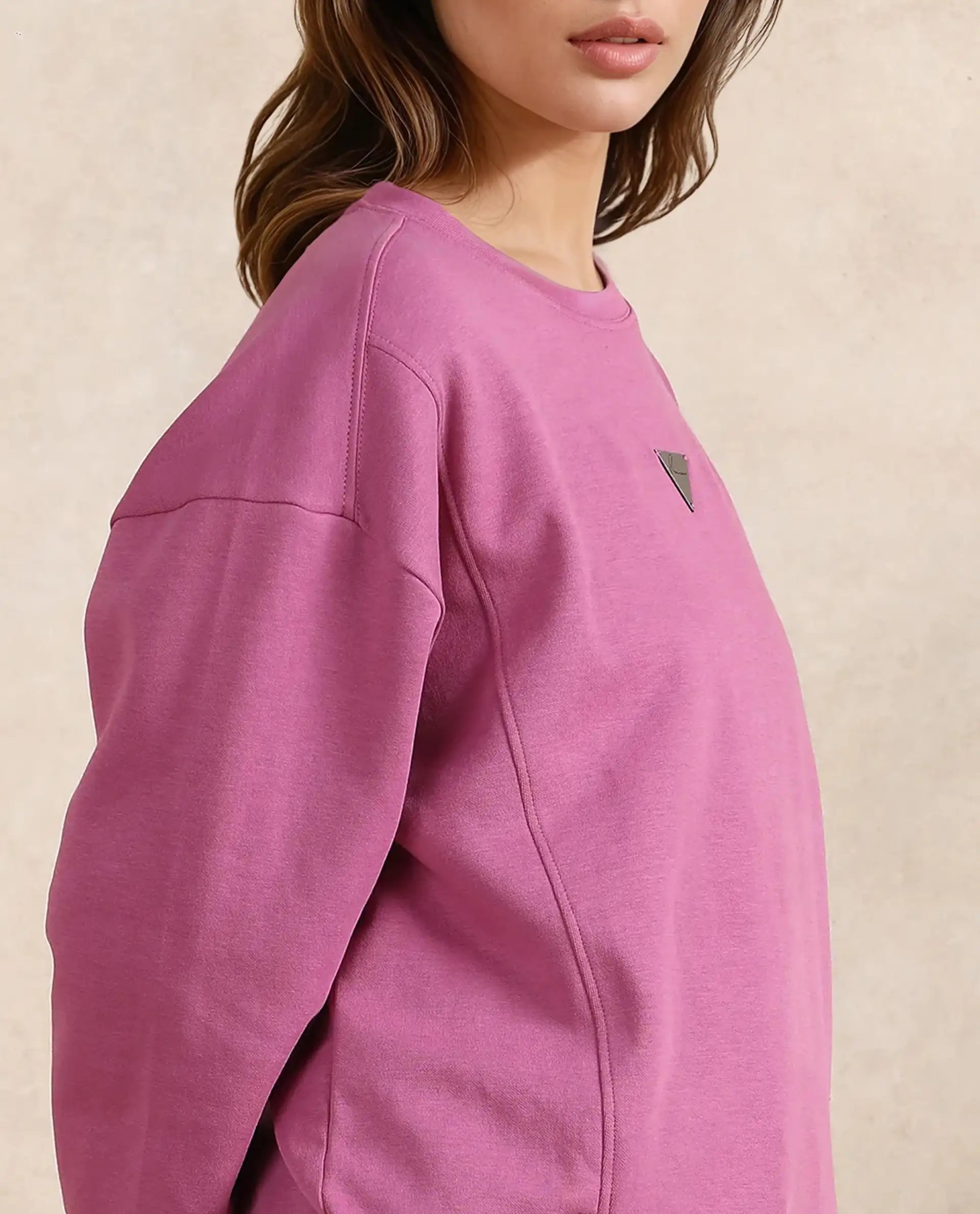 Rareism Women's Gravity Pink Cotton Blend Crew Neck Plain Hip Length Relaxed Fit Sweatshirt