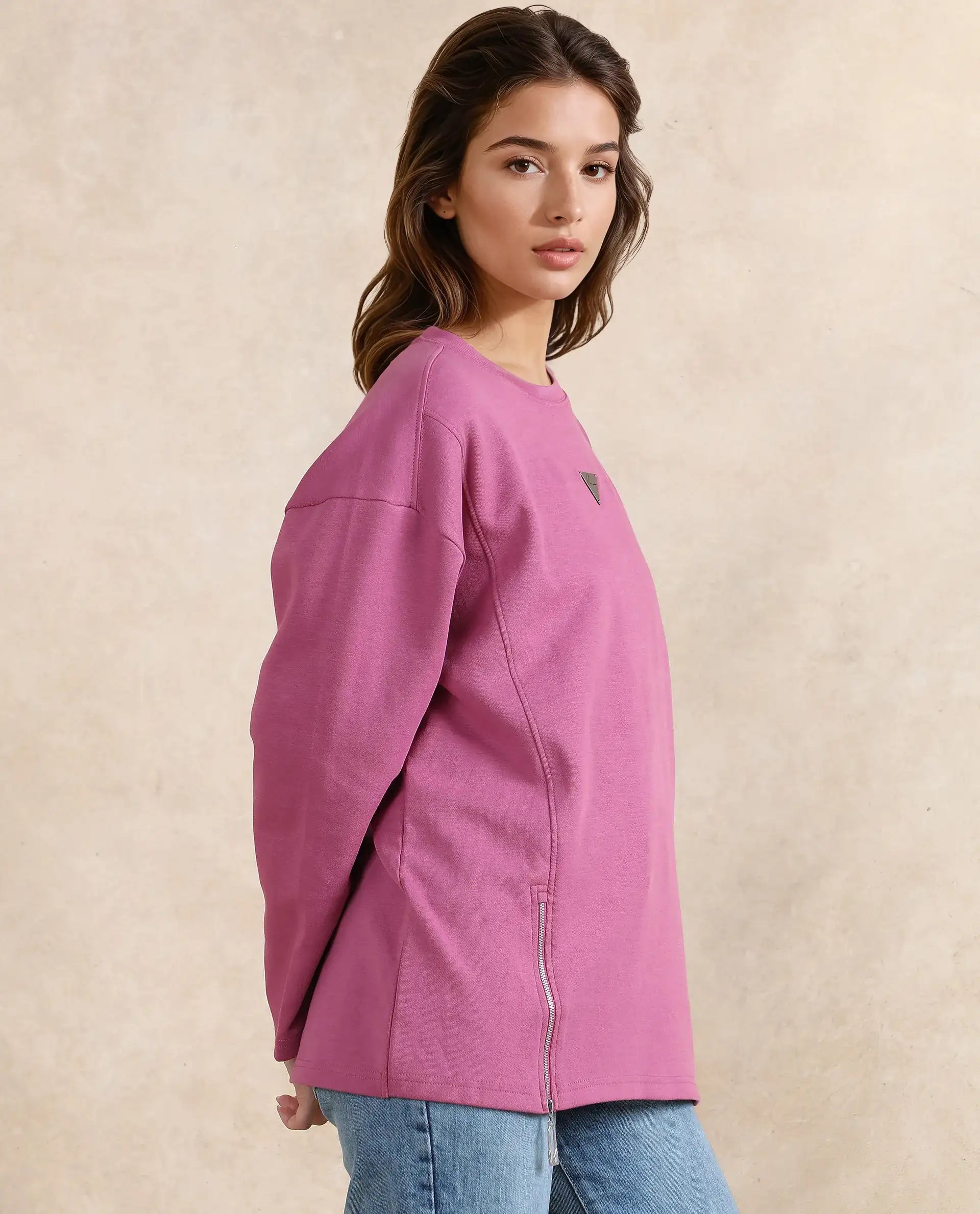 Rareism Women's Gravity Pink Cotton Blend Crew Neck Plain Hip Length Relaxed Fit Sweatshirt