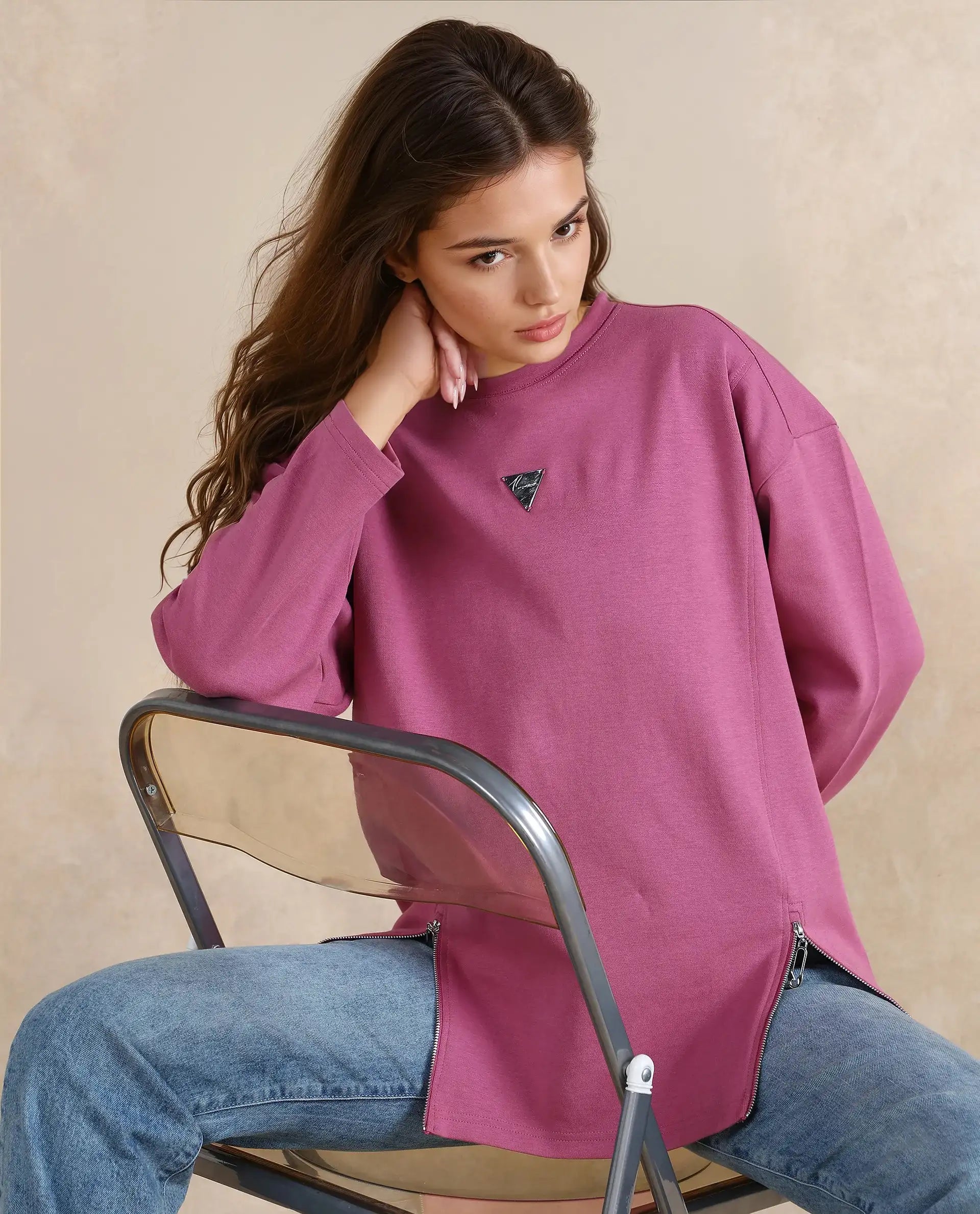 Rareism Women's Gravity Pink Cotton Blend Crew Neck Plain Hip Length Relaxed Fit Sweatshirt