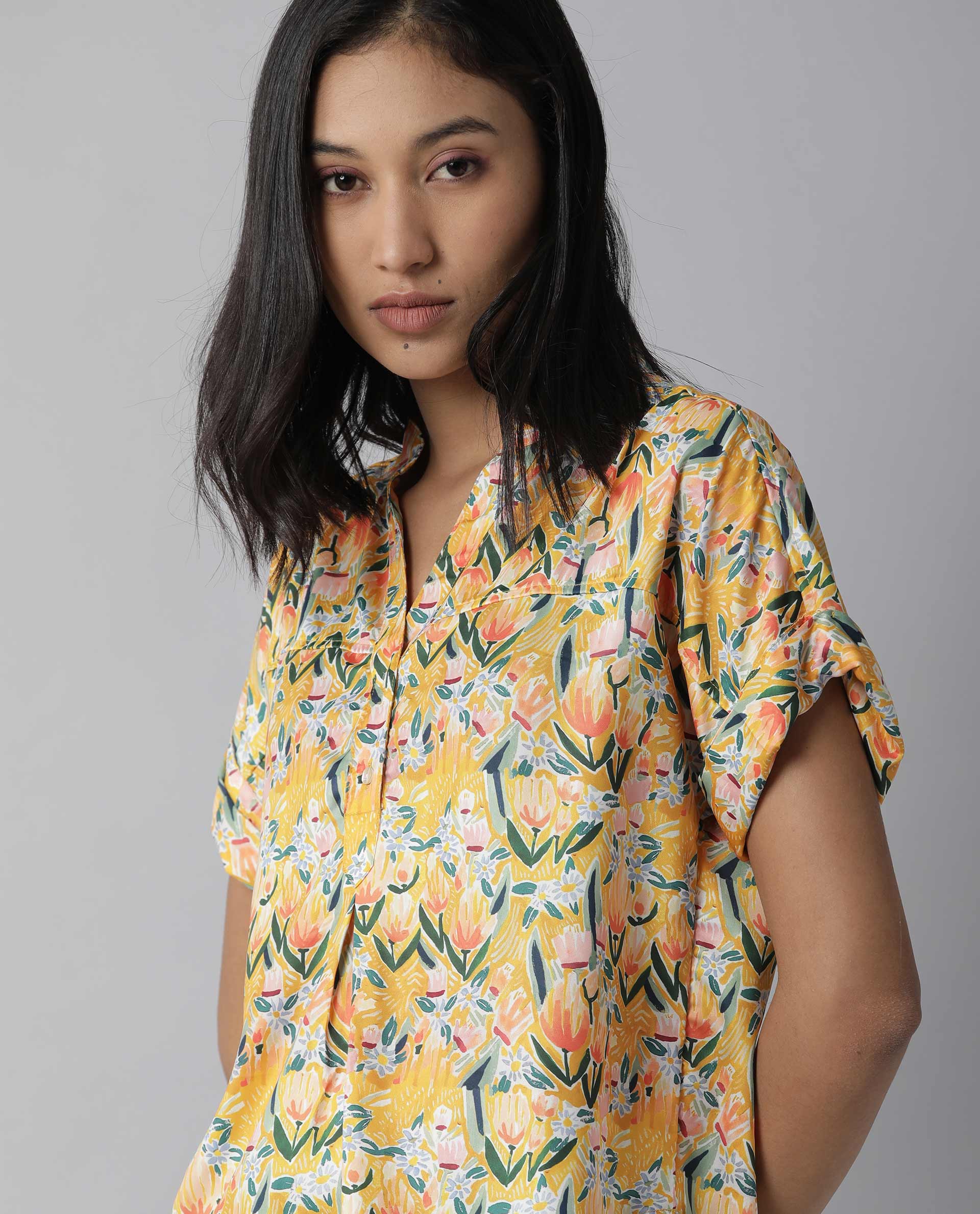 Rareism Women Greenage Yellow Top Short Sleeves Printed