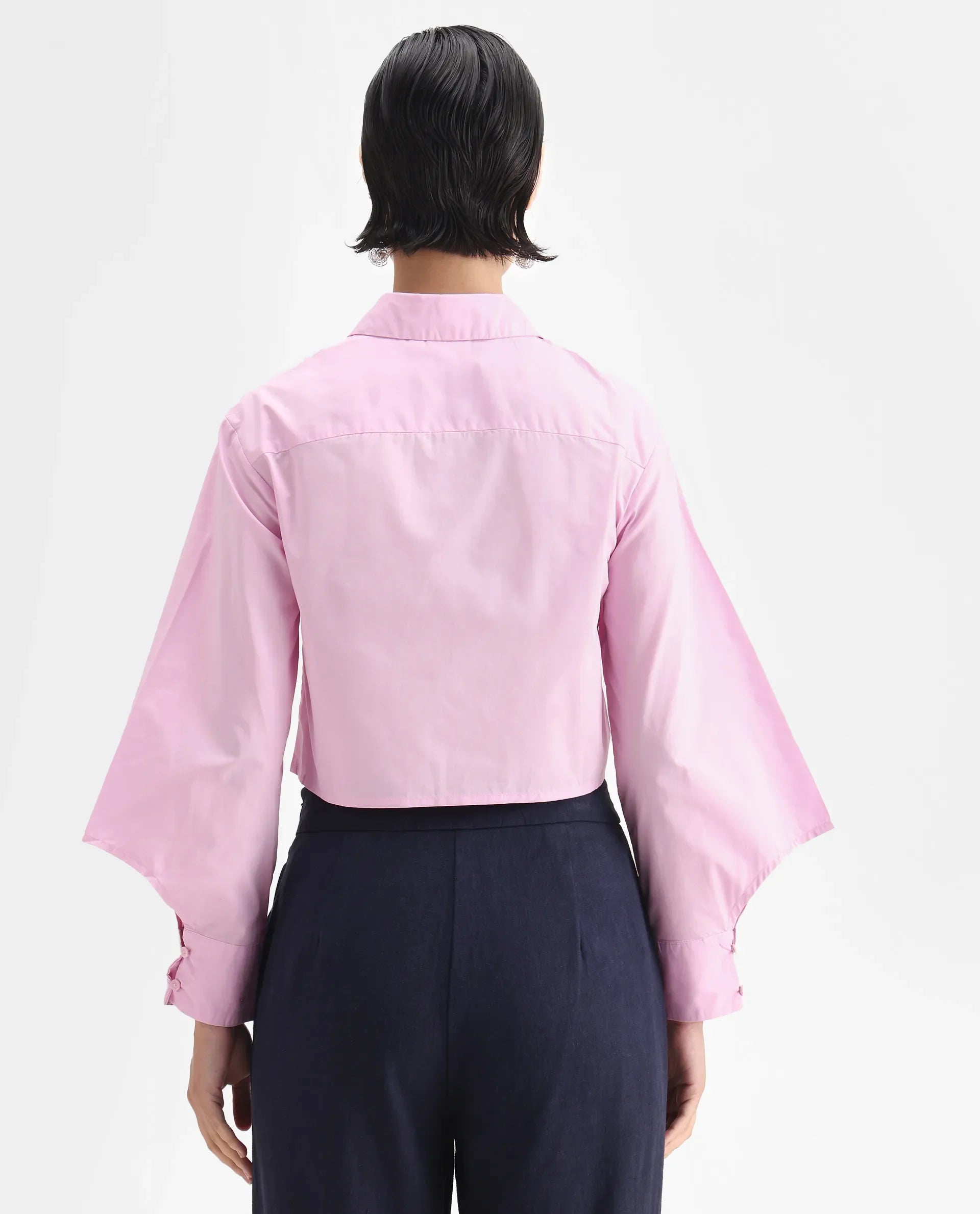 Rareism Women's Grieropo Pink Cotton Spread Collar Plain Fashion Sleeve Crop Regular Fit Top