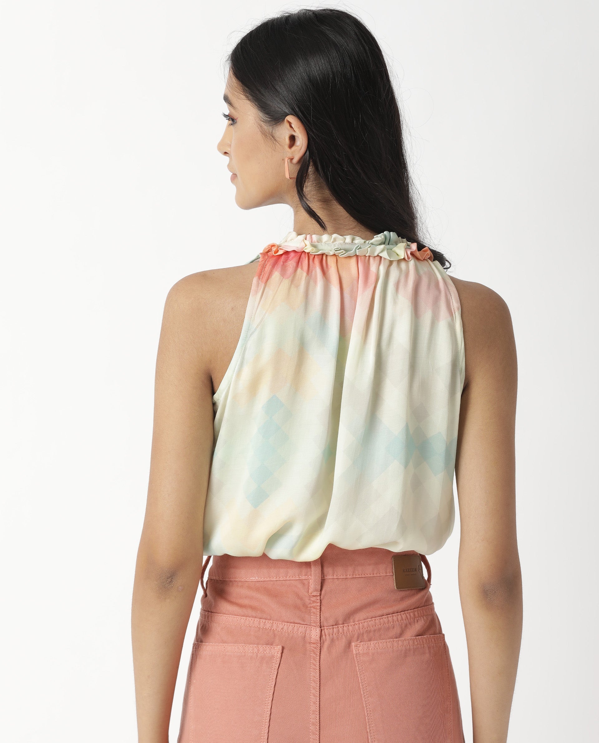 Rareism Women's Groot Offwhite Modal Tie-Up Neck Abstract Print Sleeveless Relaxed Fit Top