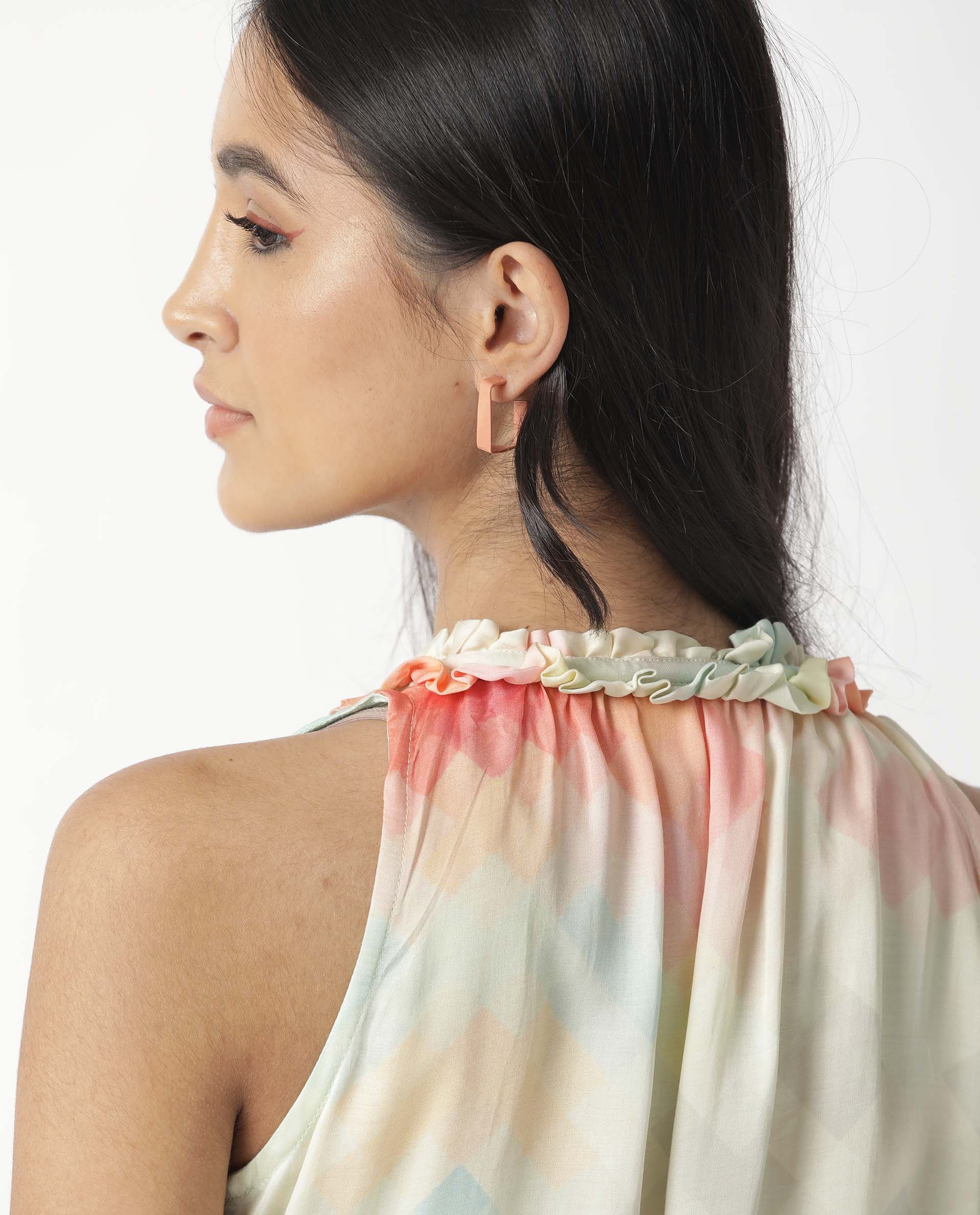 Rareism Women's Groot Offwhite Modal Tie-Up Neck Abstract Print Sleeveless Relaxed Fit Top