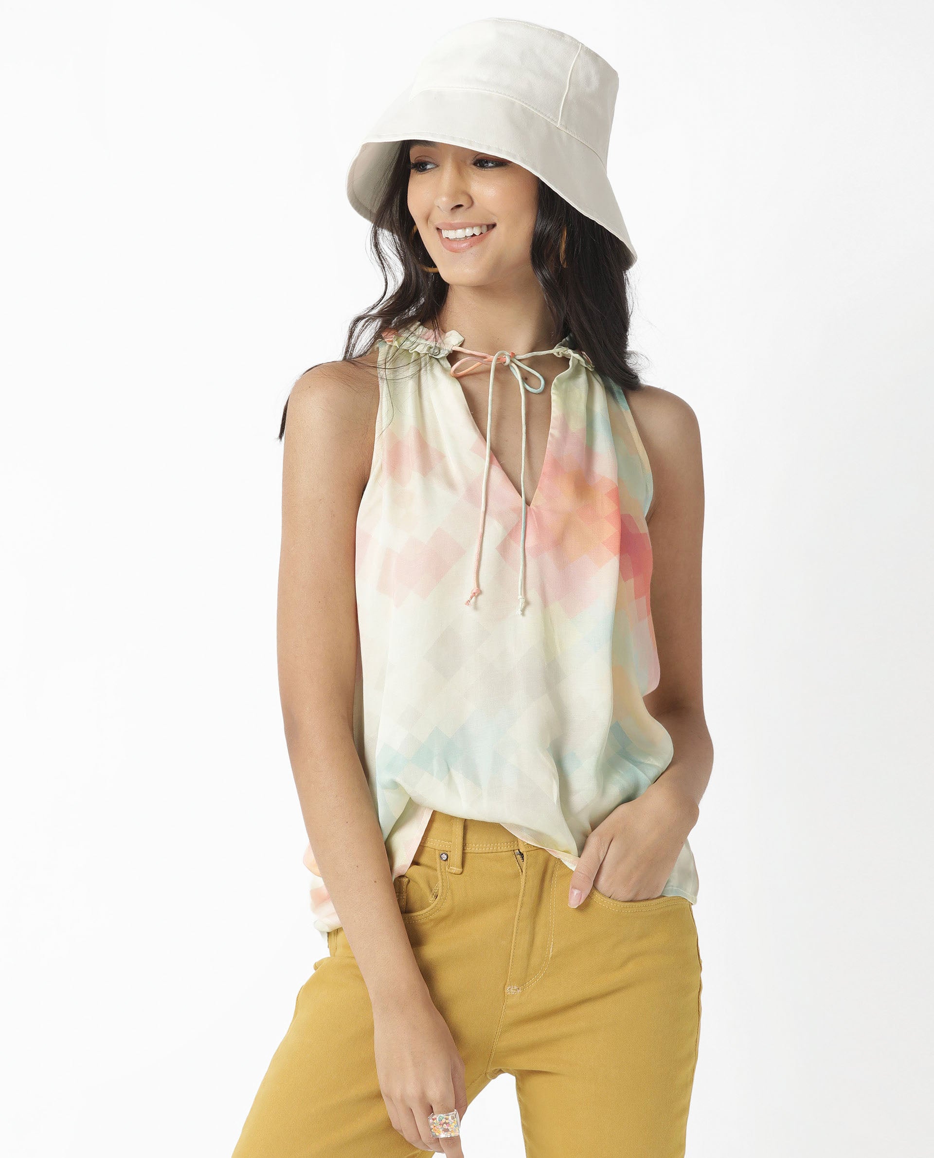 Rareism Women's Groot Offwhite Modal Tie-Up Neck Abstract Print Sleeveless Relaxed Fit Top