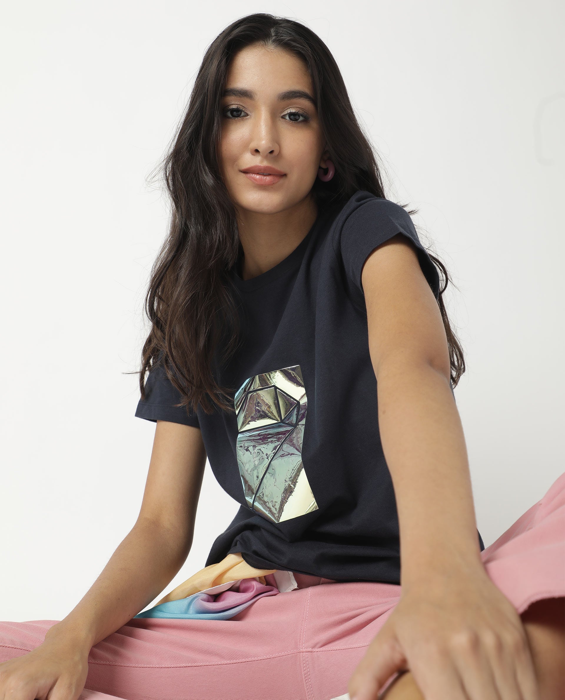 Rareism Women Gulf Navy Cotton Fabric Regular Fit Half Sleeves Graphic Print Crew Neck T-Shirt