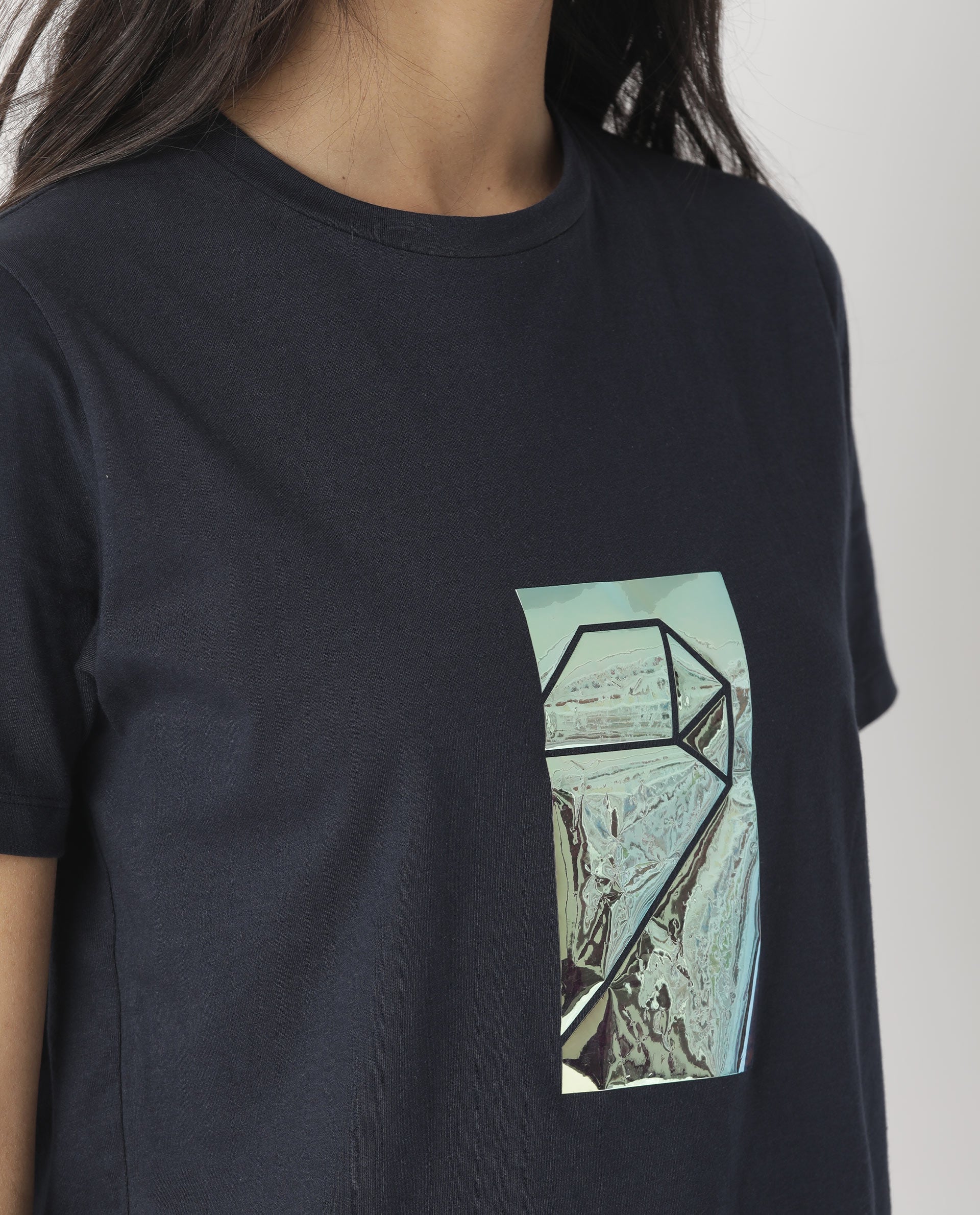 Rareism Women Gulf Navy Cotton Fabric Regular Fit Half Sleeves Graphic Print Crew Neck T-Shirt