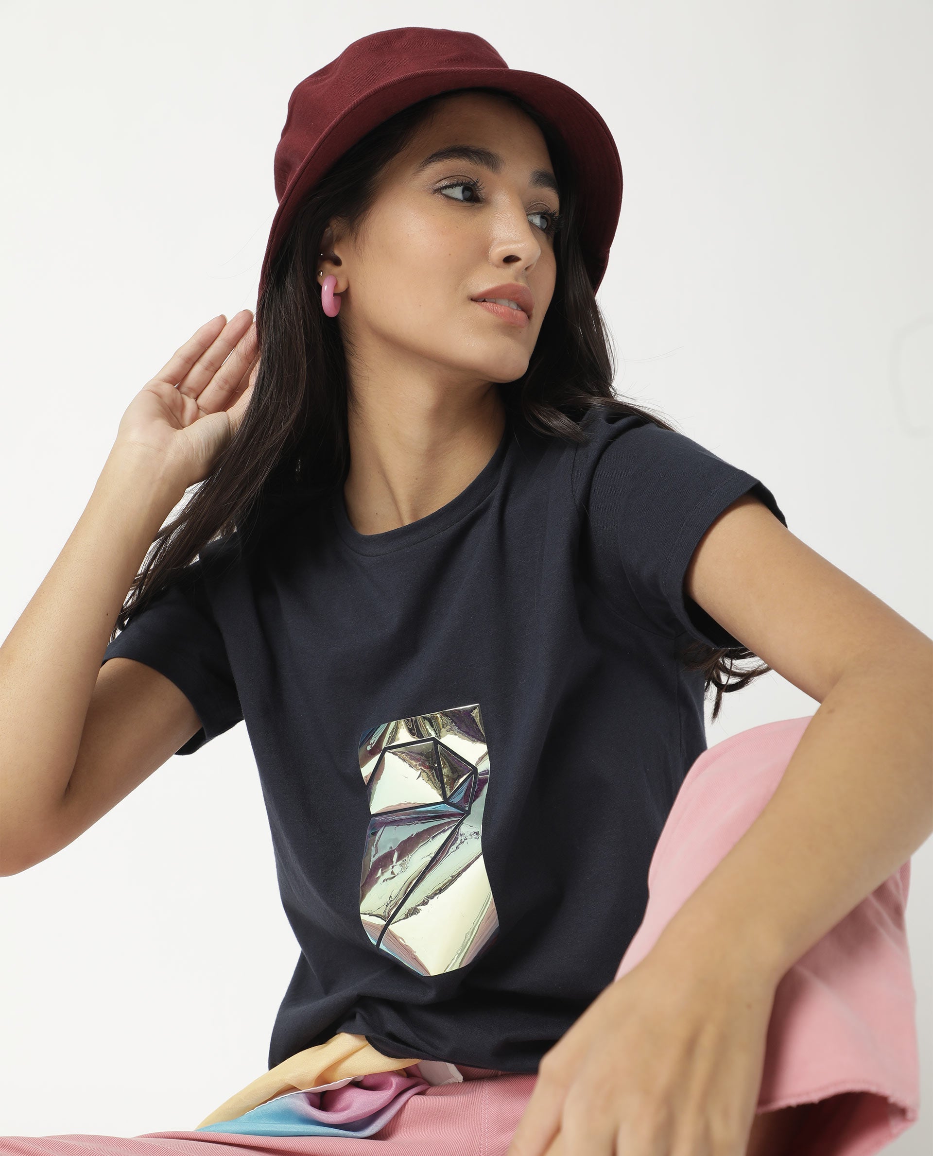 Rareism Women Gulf Navy Cotton Fabric Regular Fit Half Sleeves Graphic Print Crew Neck T-Shirt