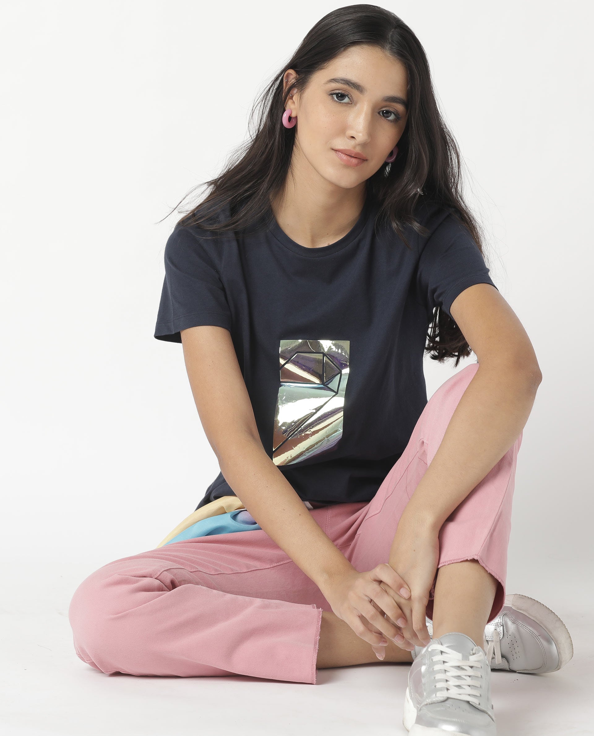 Rareism Women Gulf Navy Cotton Fabric Regular Fit Half Sleeves Graphic Print Crew Neck T-Shirt