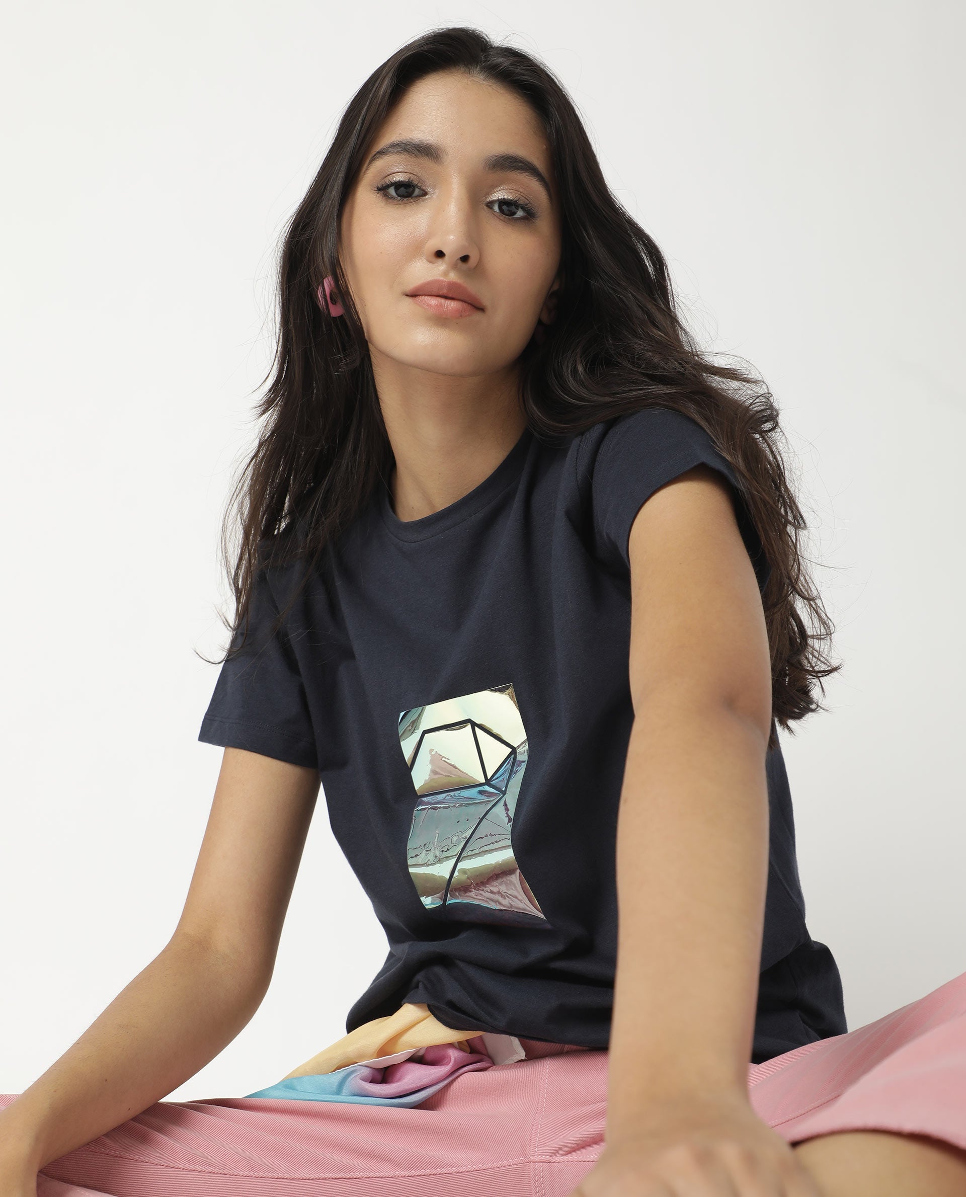 Rareism Women Gulf Navy Cotton Fabric Regular Fit Half Sleeves Graphic Print Crew Neck T-Shirt