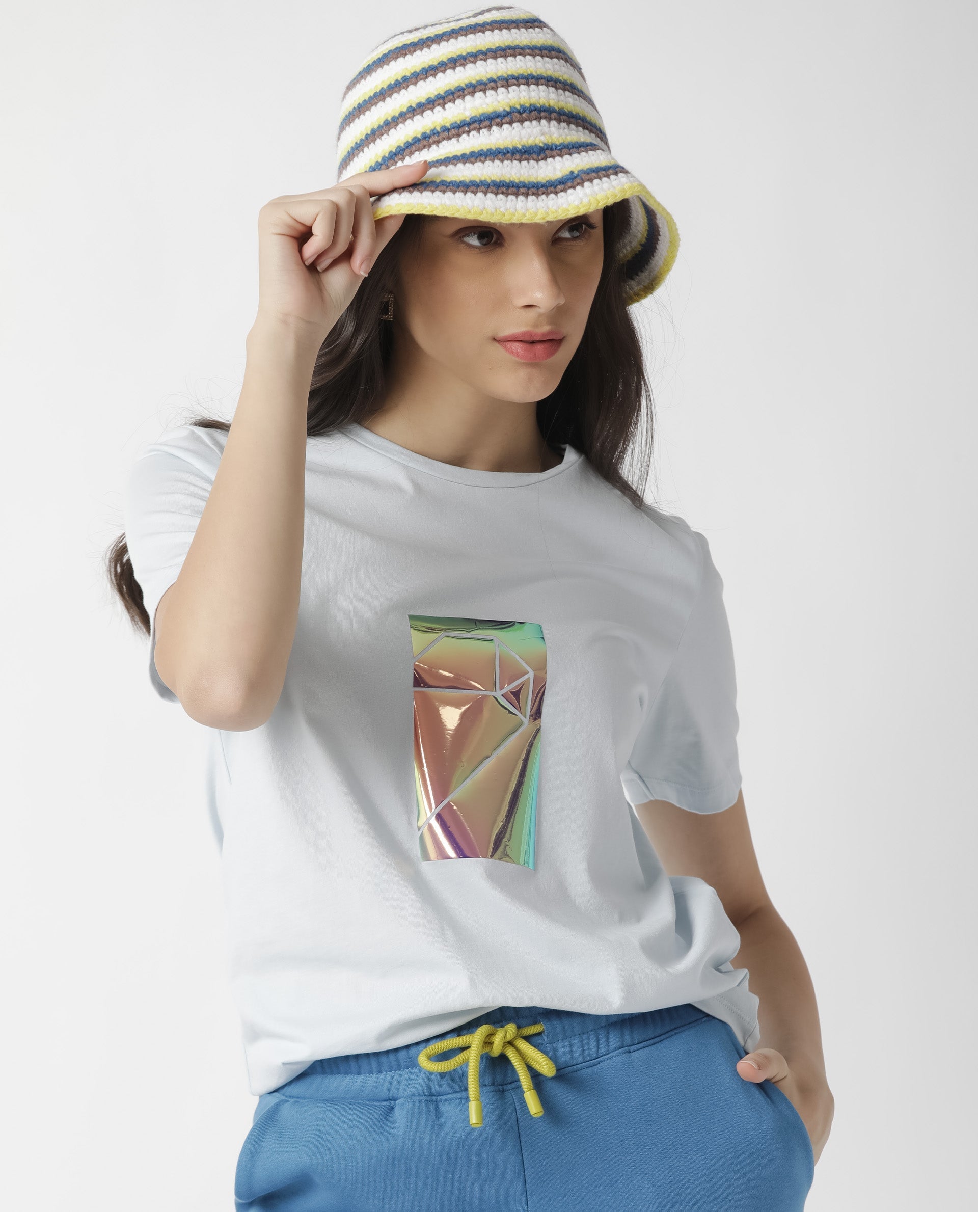 Rareism Women Gulf Pastel Blue Cotton Fabric Regular Fit Half Sleeves Graphic Print Crew Neck T-Shirt