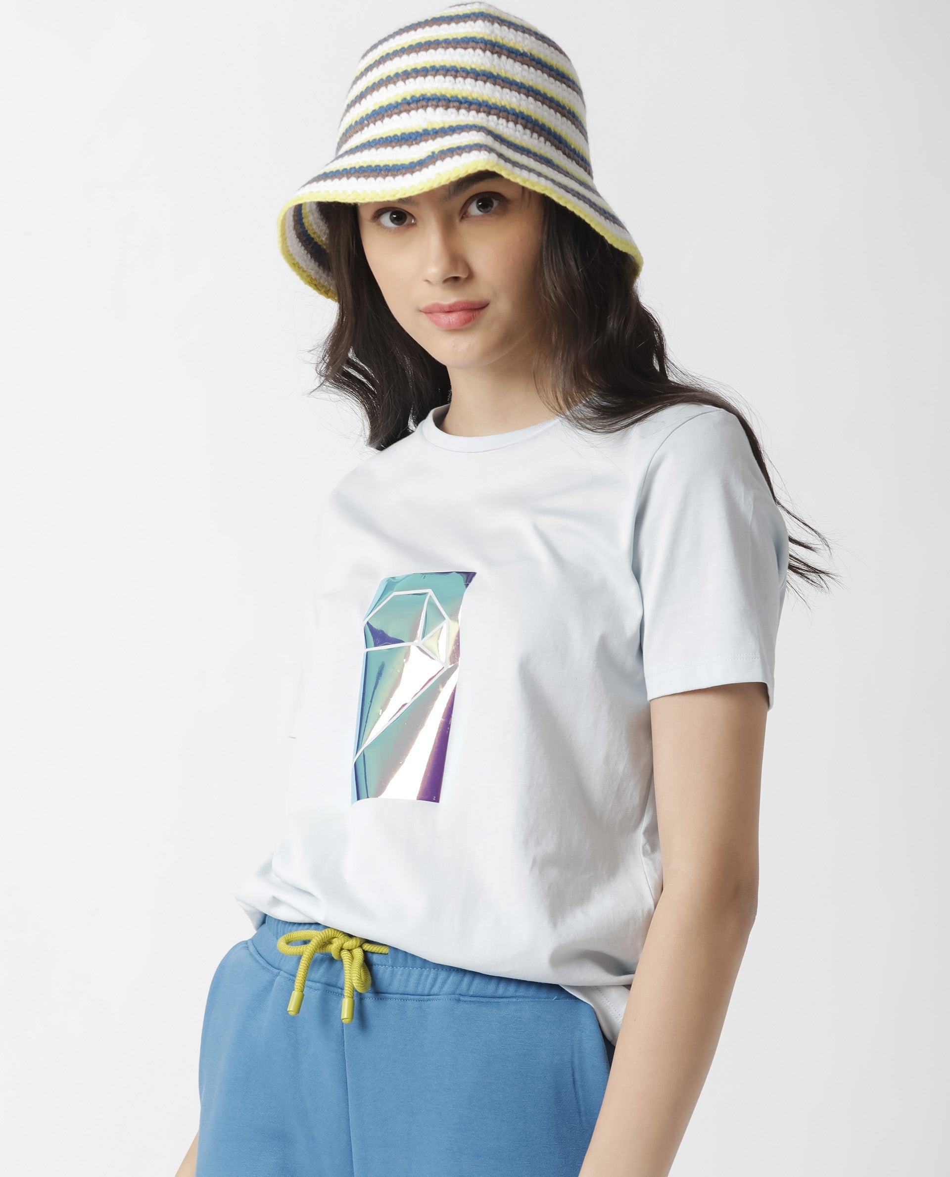 Rareism Women's Gulf Blue Cotton Crew Neck Graphic Print Regular Fit T-Shirt