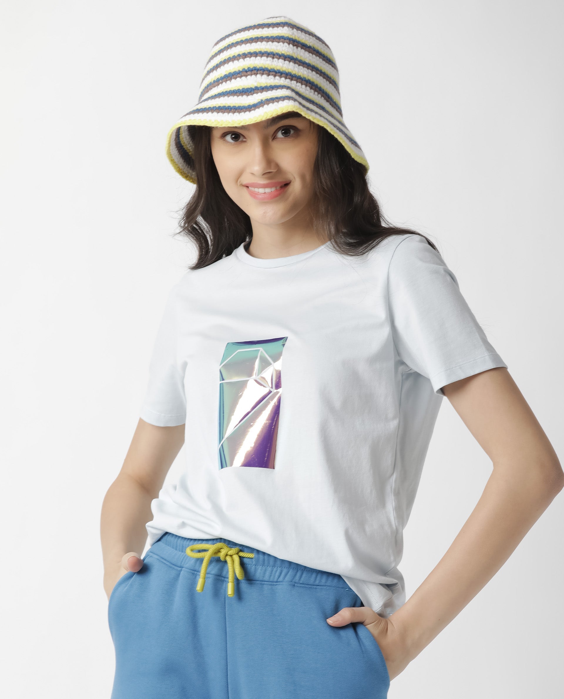 Rareism Women Gulf Pastel Blue Cotton Fabric Regular Fit Half Sleeves Graphic Print Crew Neck T-Shirt