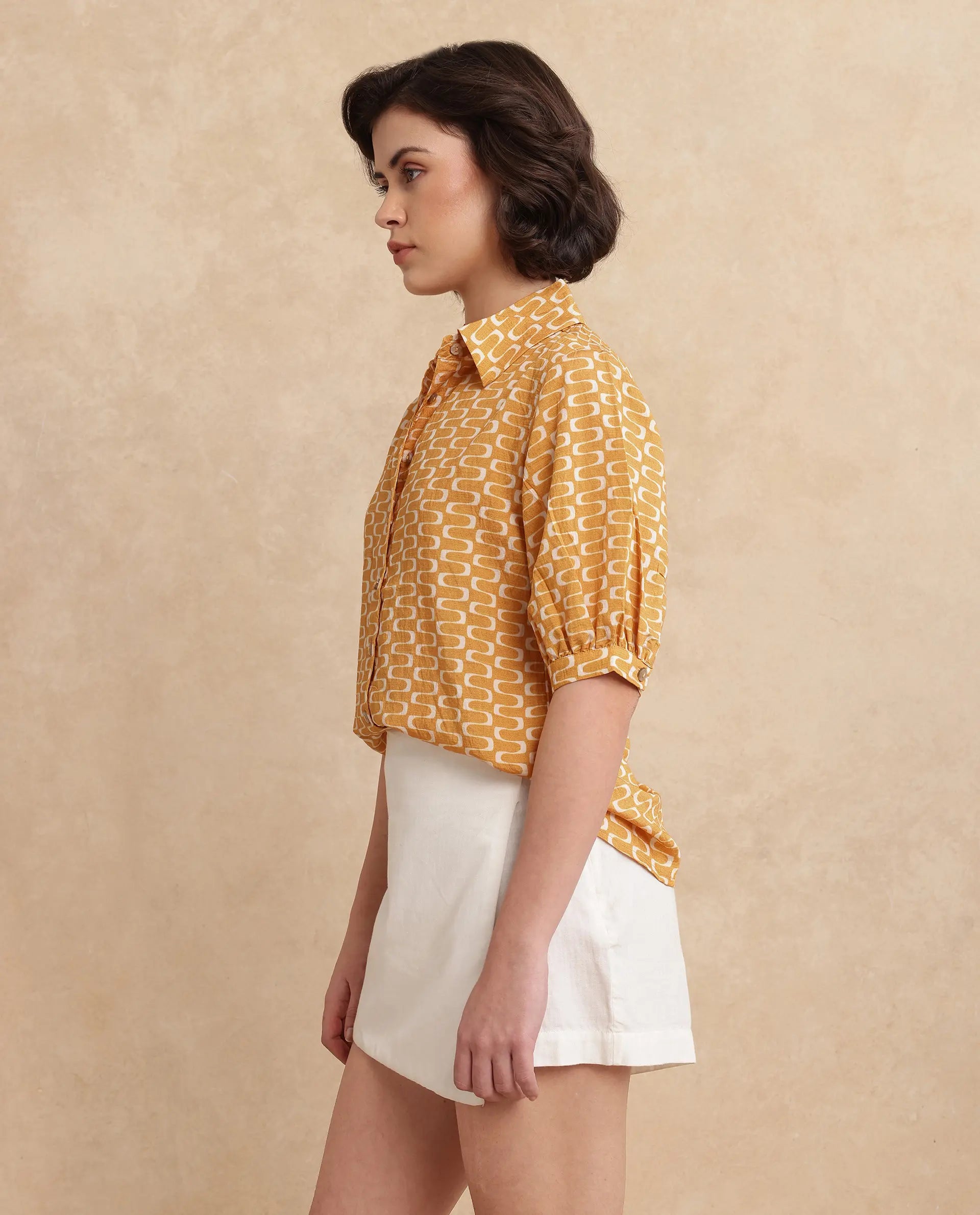 Rareism Women's Guno Yellow Cotton Blend Drop Collar Geometric Print Bishop Sleeve Regular Fit Shirt