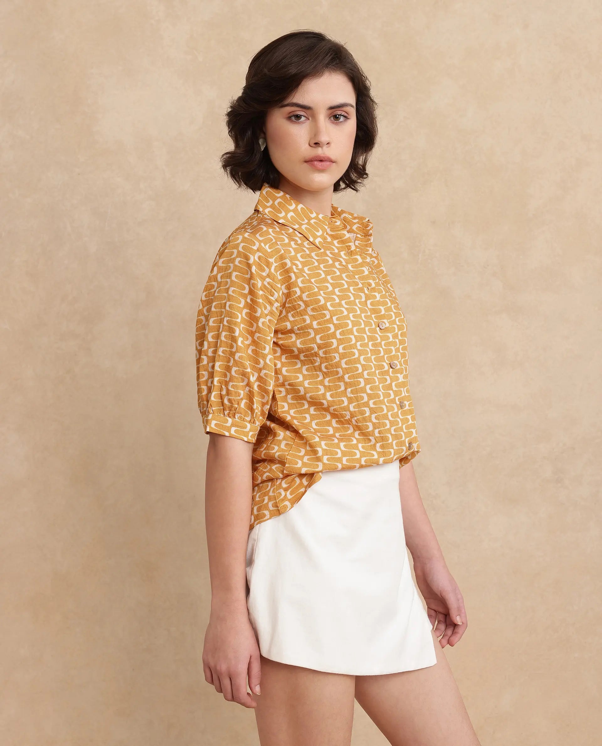 Rareism Women Guno Yellow Nylon Viscose Fabric Bishop Sleeves Collared Neck Button Closure Geometric Print Shirt