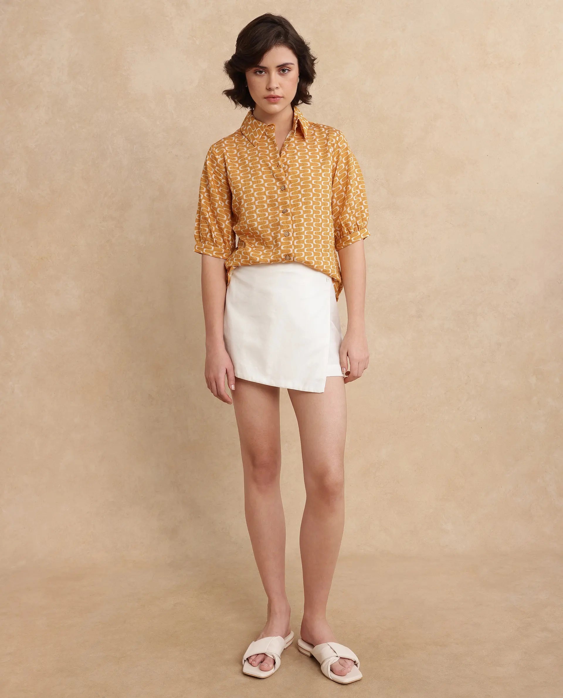 Rareism Women Guno Yellow Nylon Viscose Fabric Bishop Sleeves Collared Neck Button Closure Geometric Print Shirt