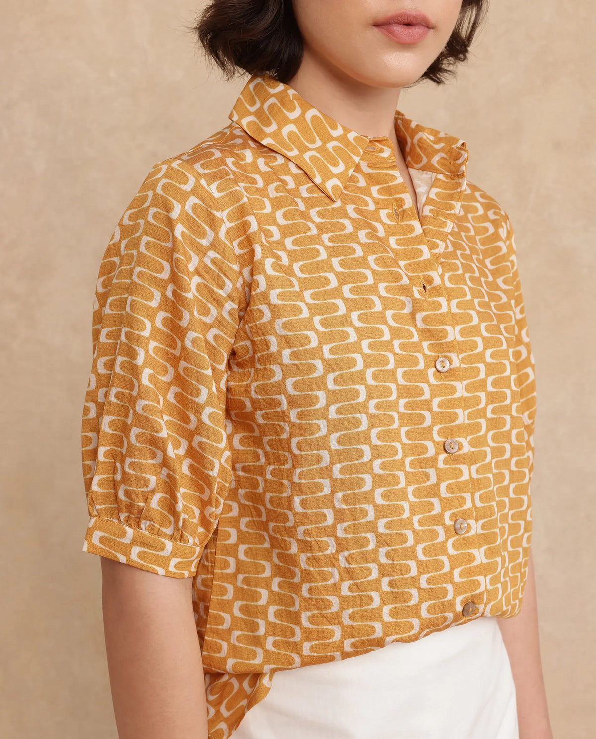 Rareism Women Guno Yellow Nylon Viscose Fabric Bishop Sleeves Collared Neck Button Closure Geometric Print Shirt