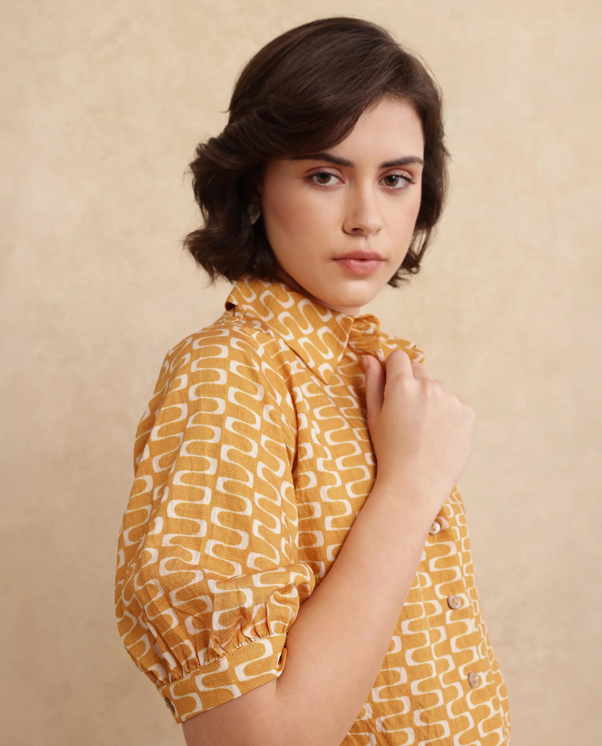 Rareism Women's Guno Yellow Cotton Blend Drop Collar Geometric Print Bishop Sleeve Regular Fit Shirt