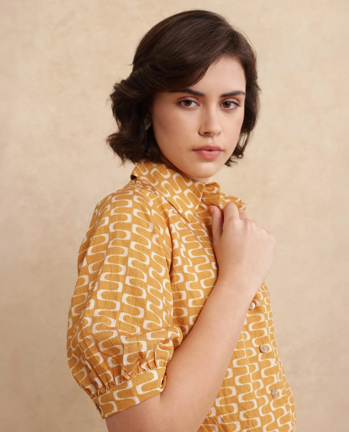 Rareism Women Guno Yellow Nylon Viscose Fabric Bishop Sleeves Collared Neck Button Closure Geometric Print Shirt