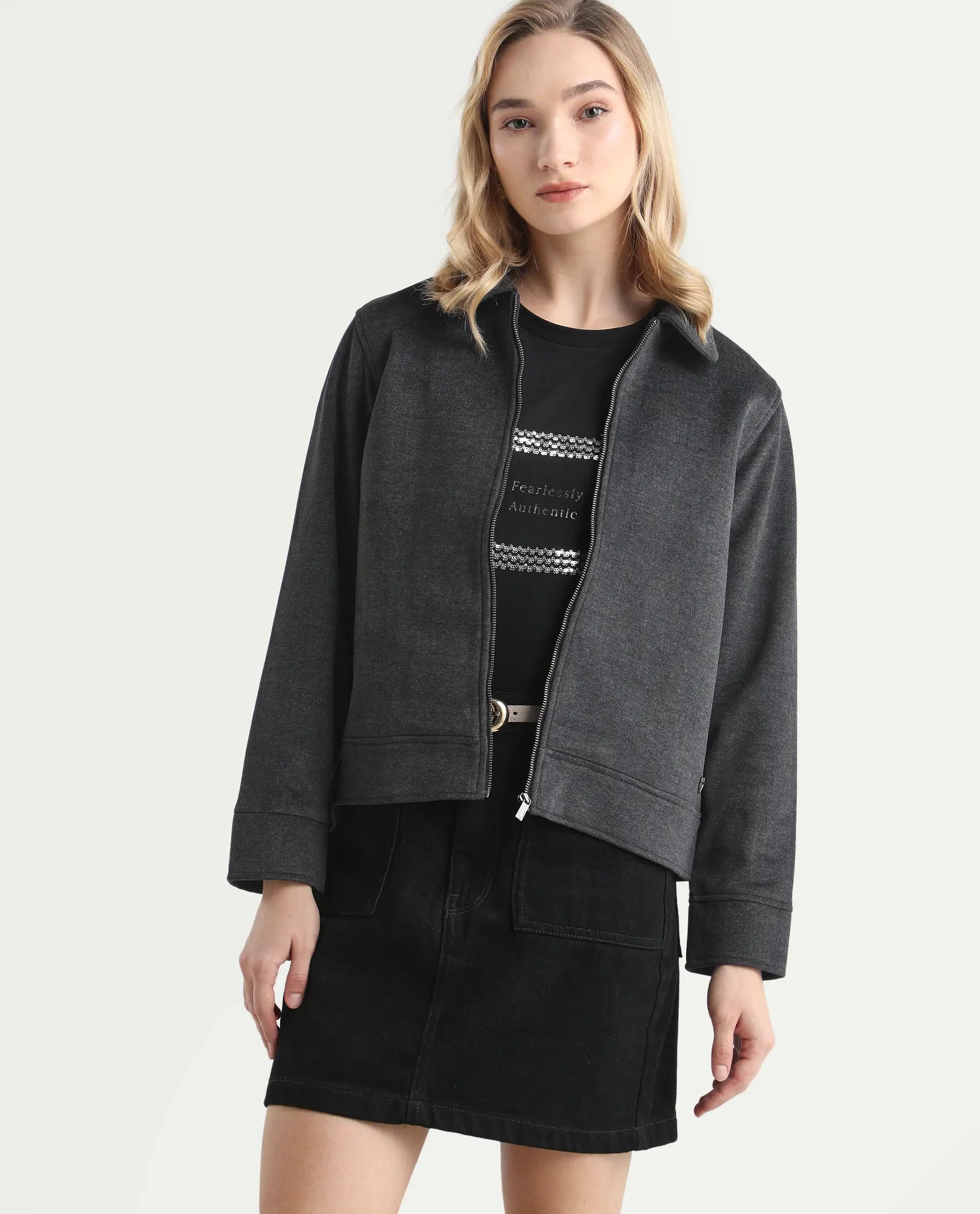 Rareism Women's Gympie Black Spread Collar Plain Cuffed Sleeve Regular Fit Jacket