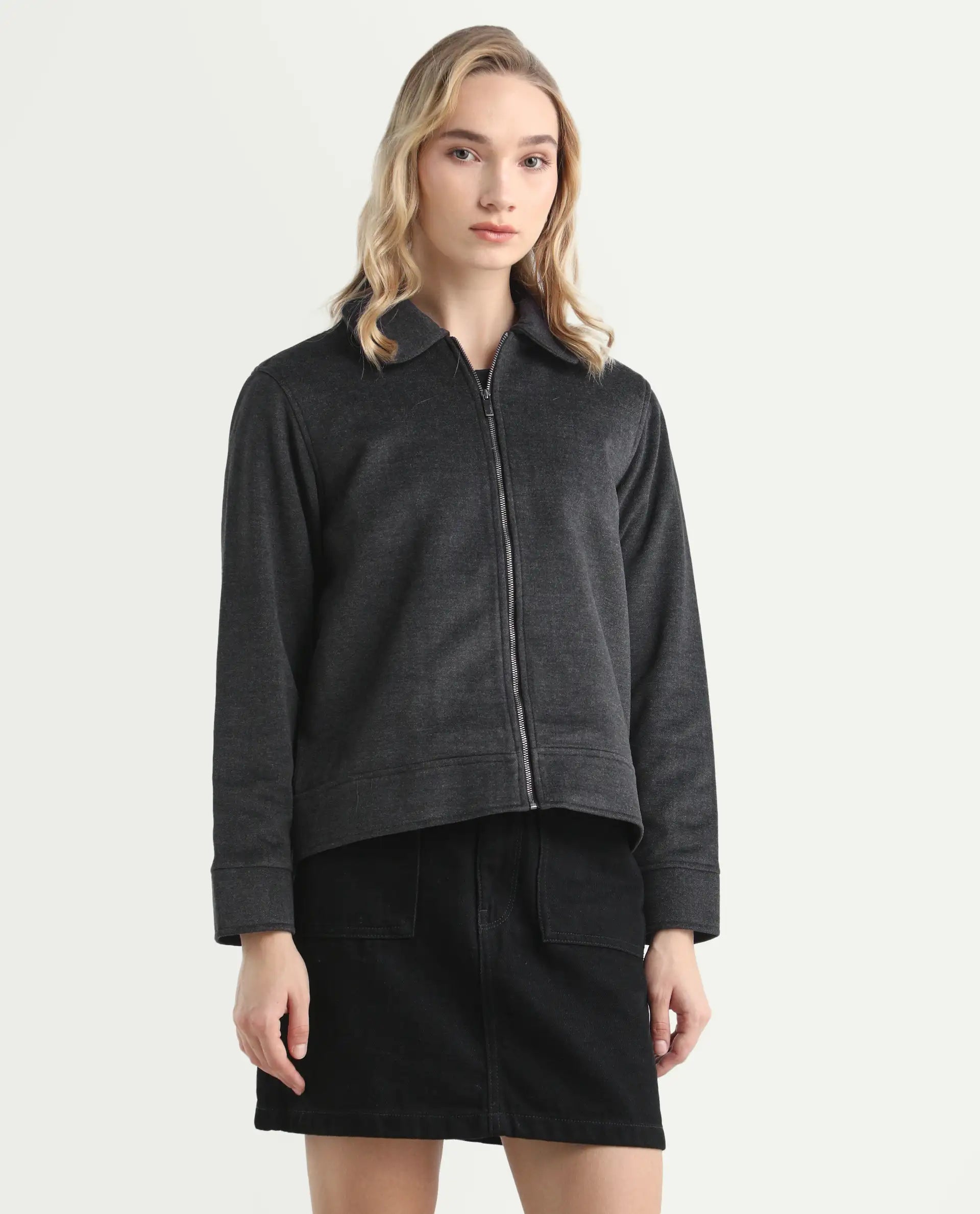 Rareism Women's Gympie Black Spread Collar Plain Cuffed Sleeve Regular Fit Jacket