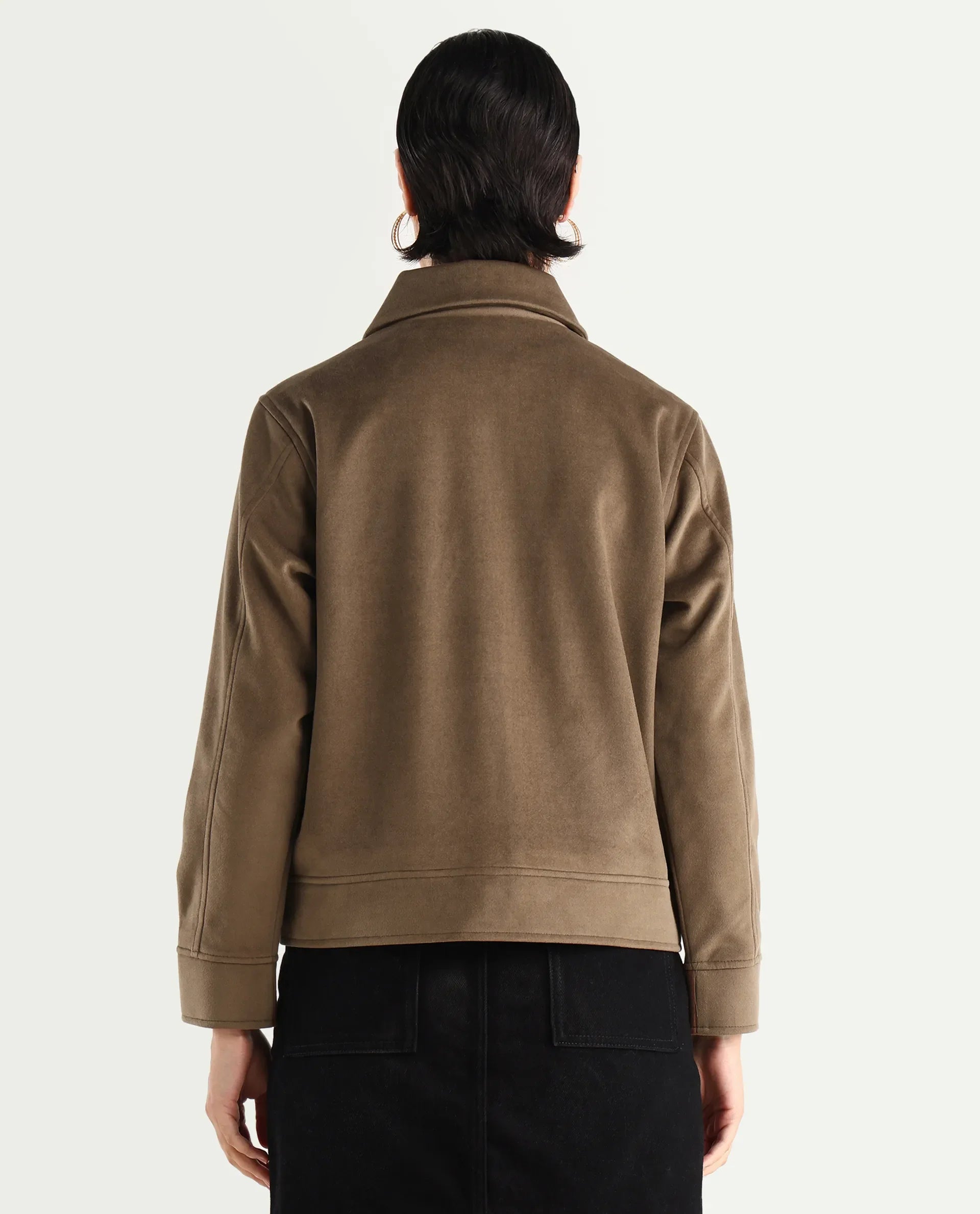 Rareism Women's Gympie Dark Tan Tweed Spread Collar Plain Cuffed Sleeve Regular Fit Jacket