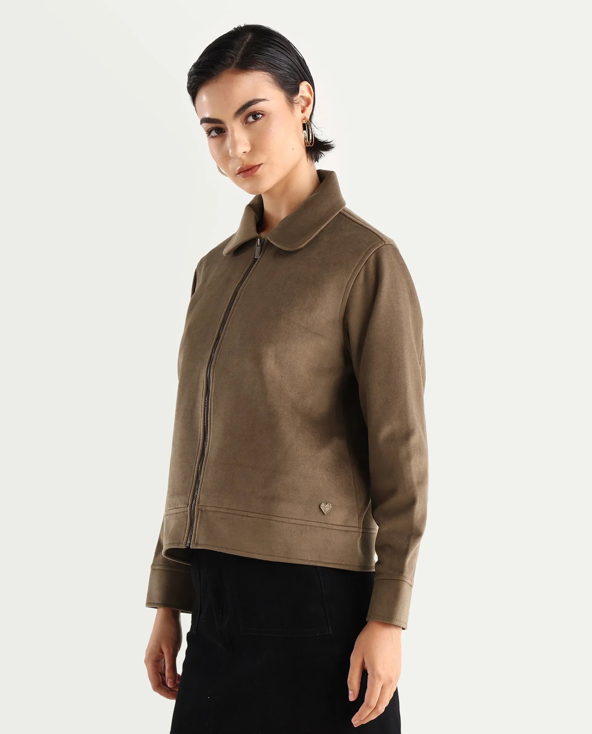 Rareism Women's Gympie Dark Tan Tweed Spread Collar Plain Cuffed Sleeve Regular Fit Jacket