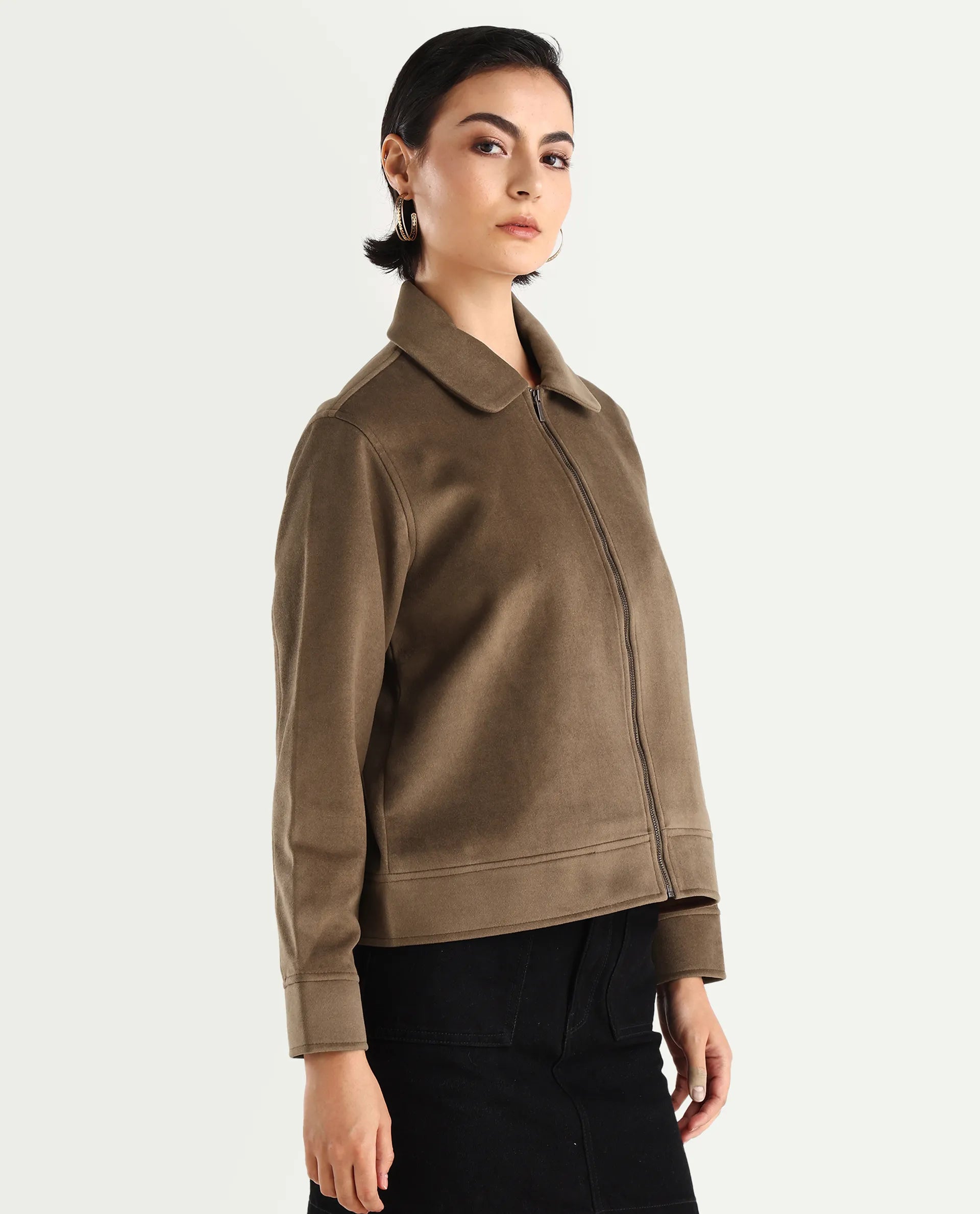 Rareism Women's Gympie Dark Tan Tweed Spread Collar Plain Cuffed Sleeve Regular Fit Jacket