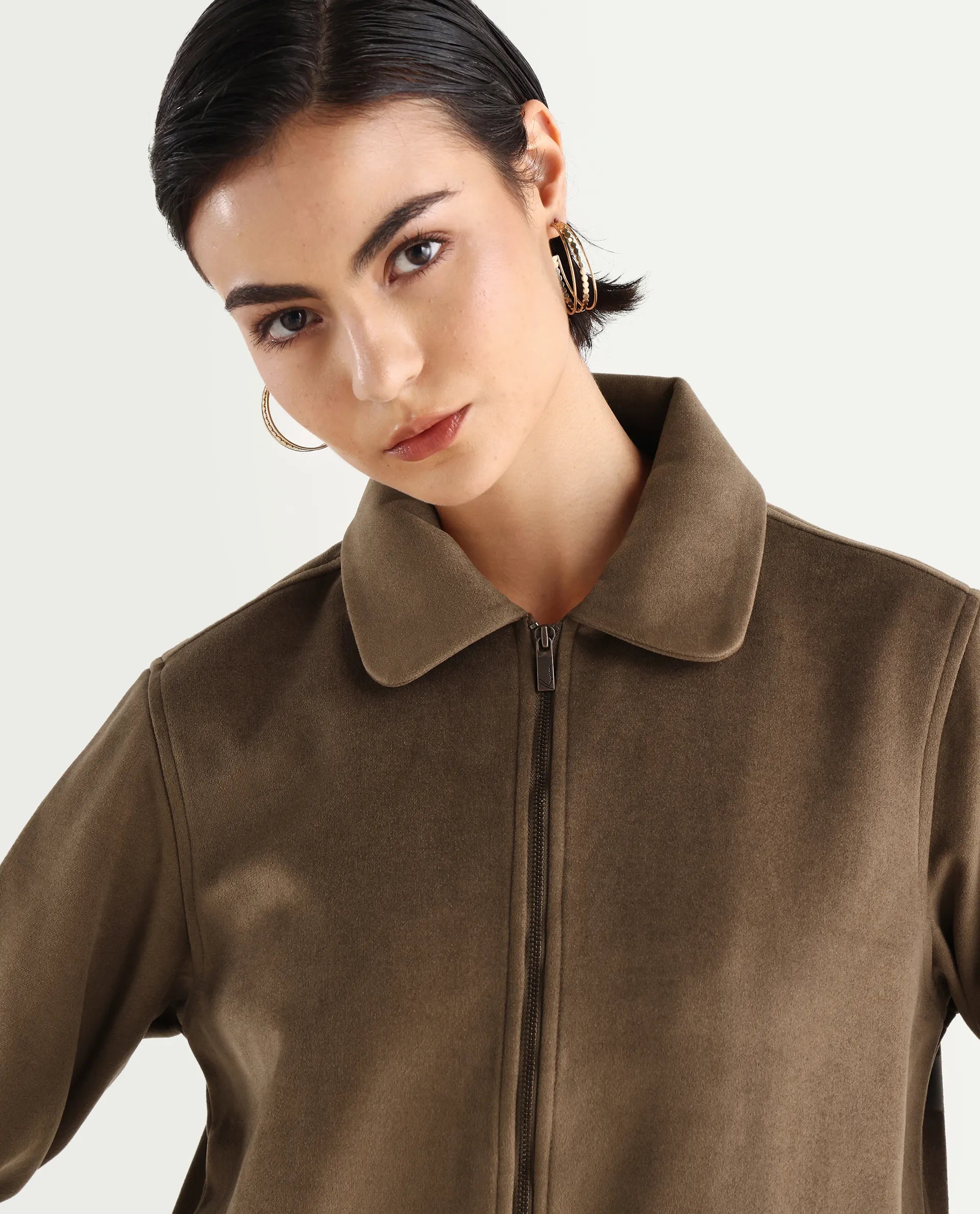 Rareism Women's Gympie Dark Tan Tweed Spread Collar Plain Cuffed Sleeve Regular Fit Jacket