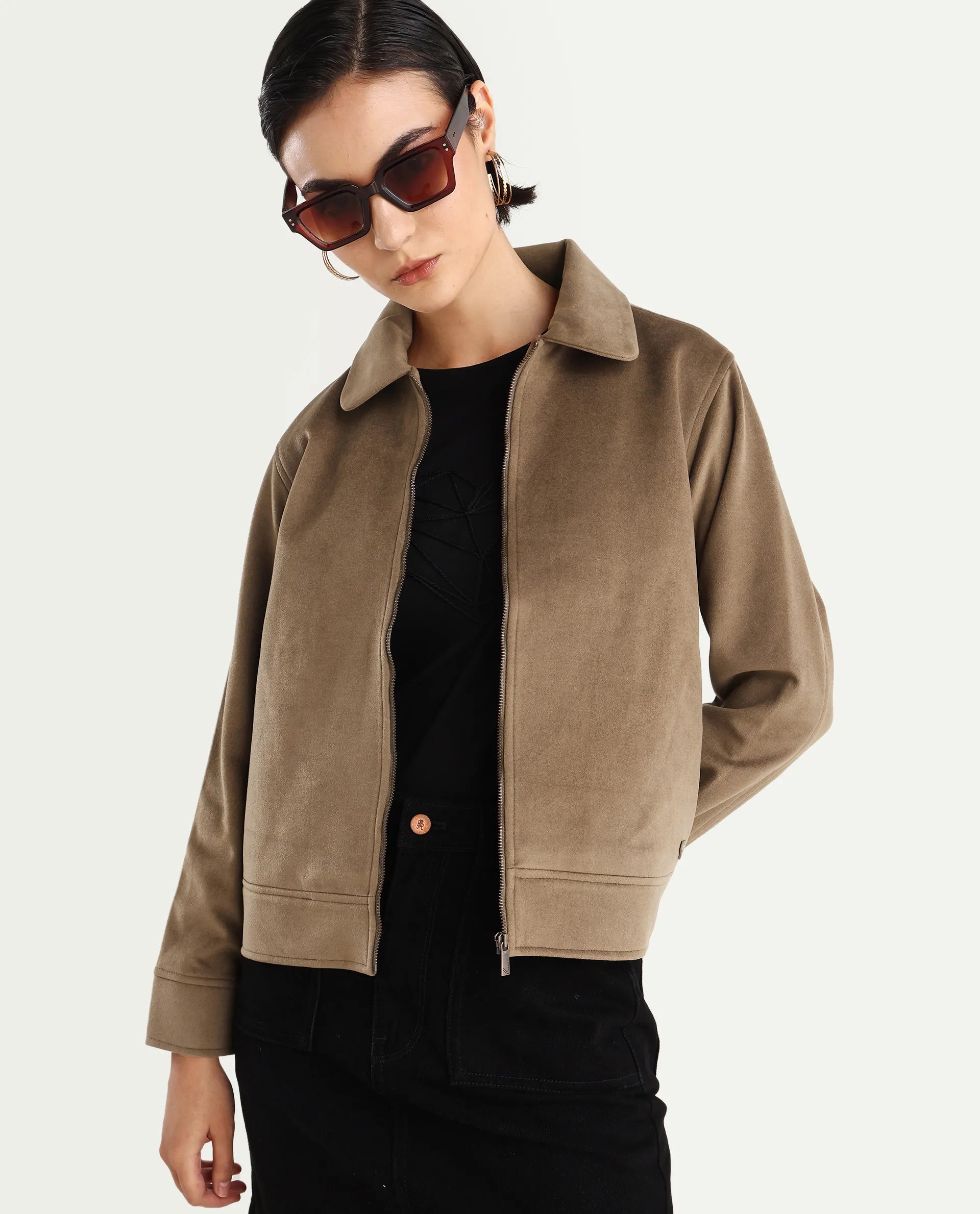 Rareism Women's Gympie Dark Tan Tweed Spread Collar Plain Cuffed Sleeve Regular Fit Jacket