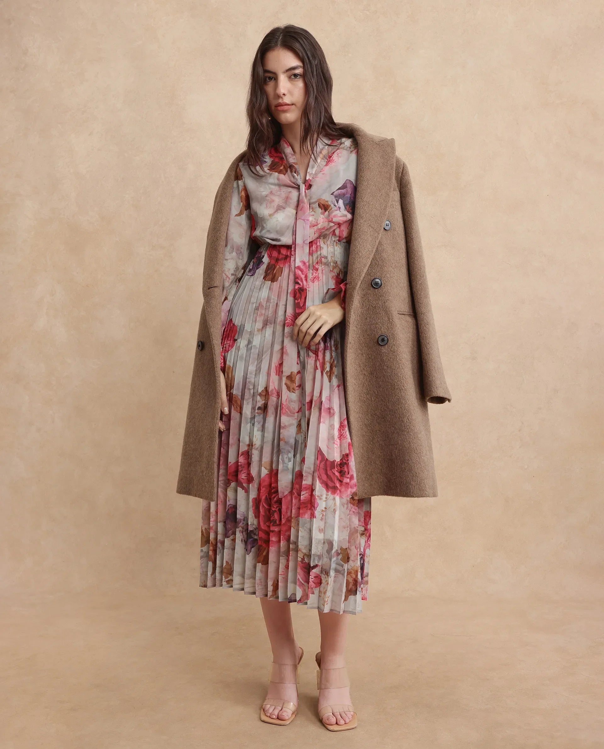Rareism Women's Cerno Multi Polyester Blend Tie-Up Neck Floral Print Maxi Flared Dress