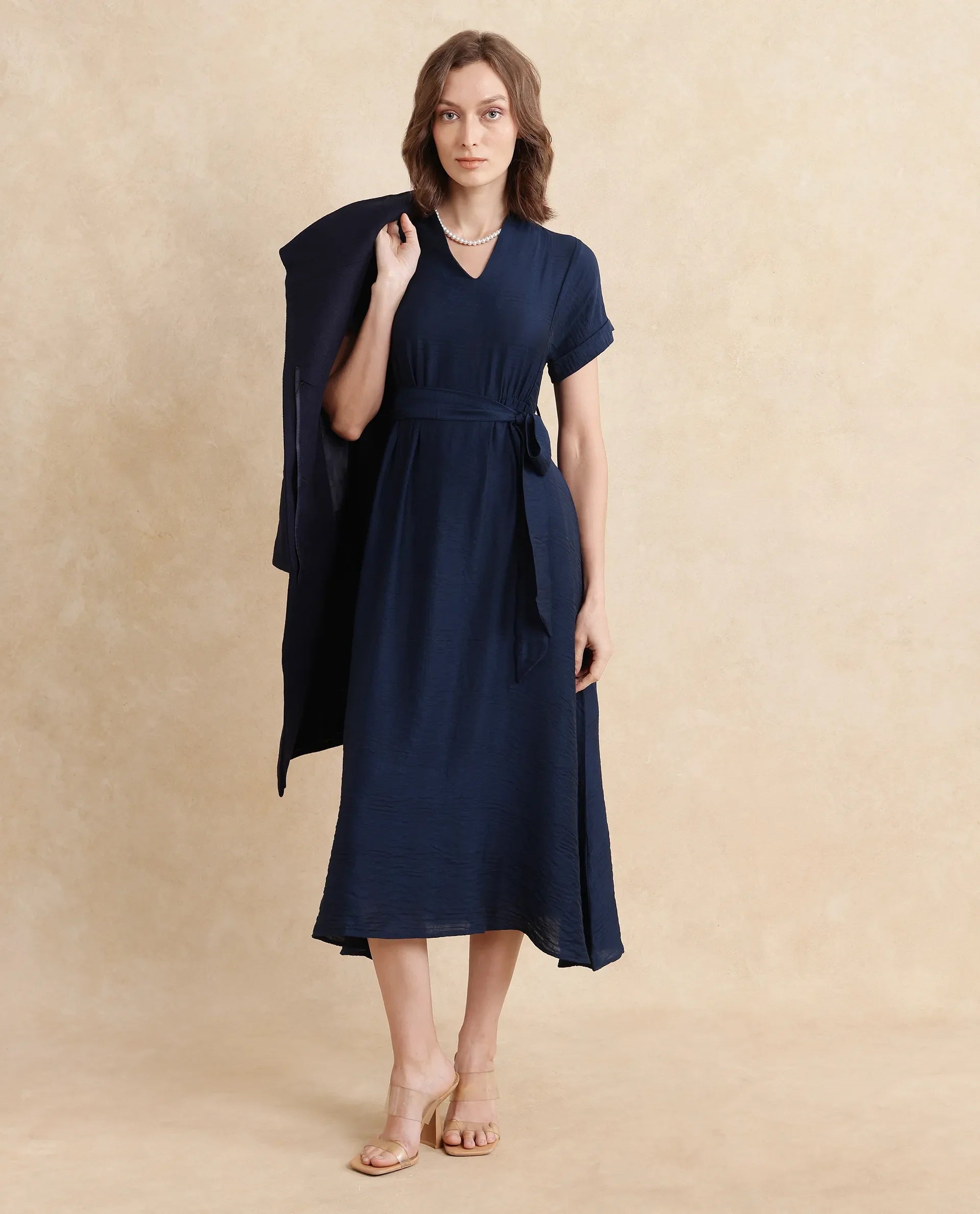 Rareism Women's Ehlum Navy Polyester V-Neck Plain Extended Sleeves Midi Regular Fit Dress