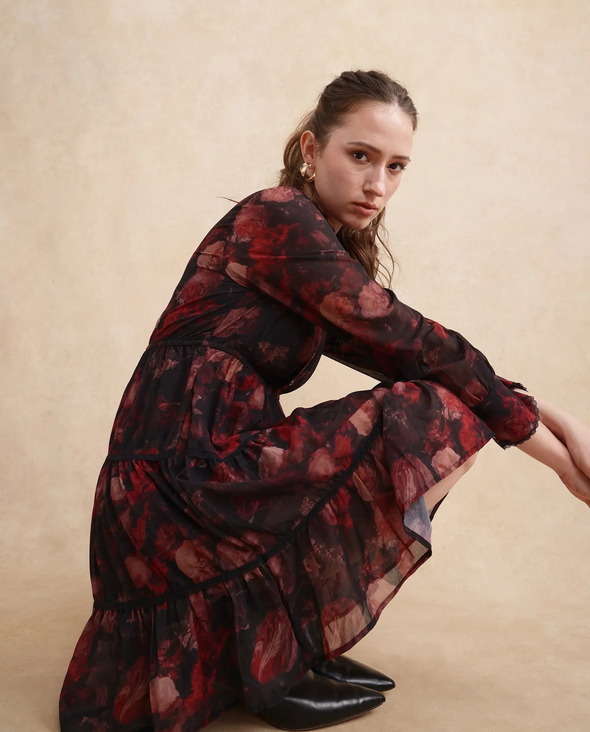 Rareism Women Popoe Dark Multi Knee Length Ruffled Neck Button Closure Fit And Flare Knee Length Floral Print Dress