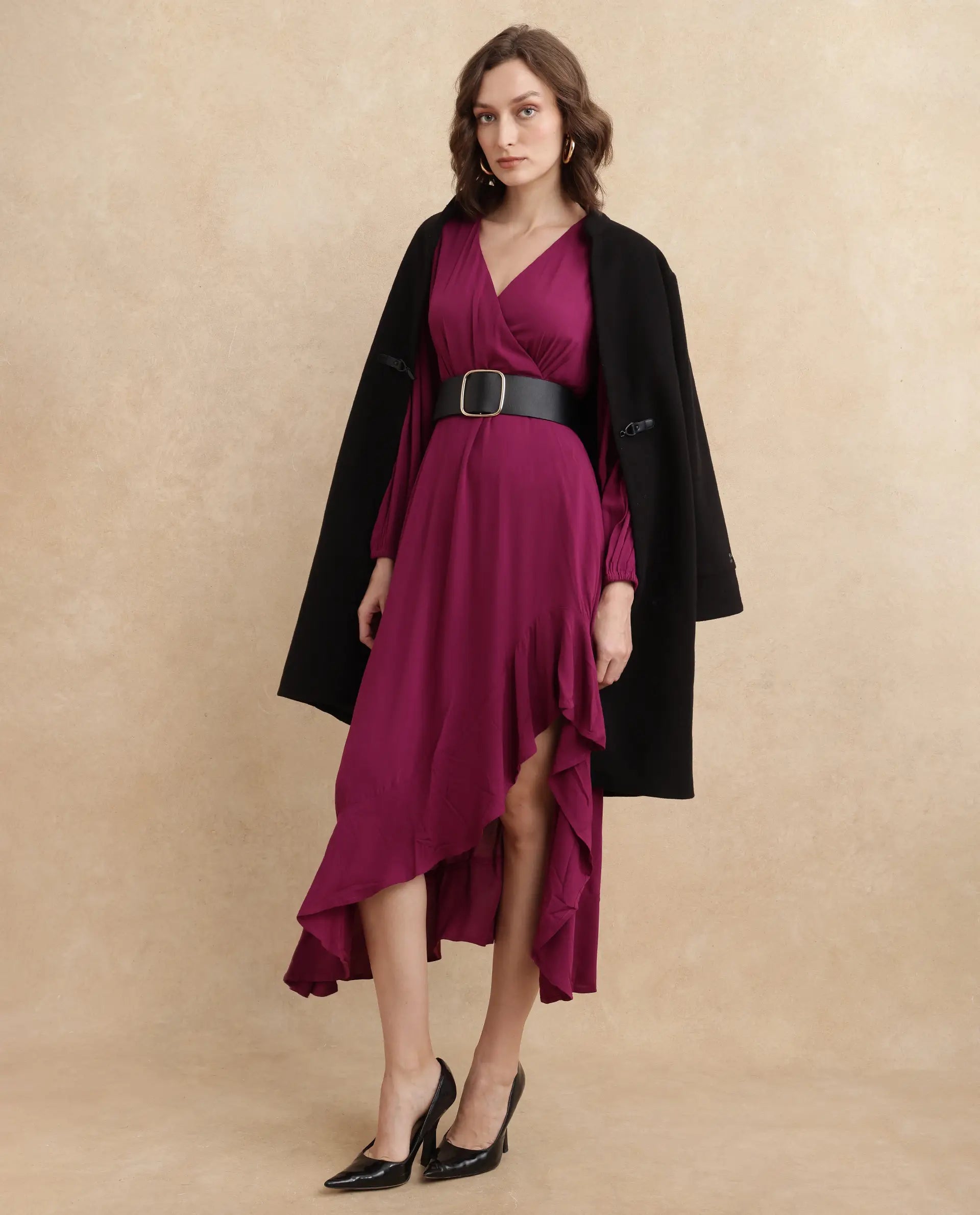 Rareism Women's Rens Dark Maroon Overlap Neck Slip-On Closure Puff Sleeve Plain Fit And Flare Maxi Dress