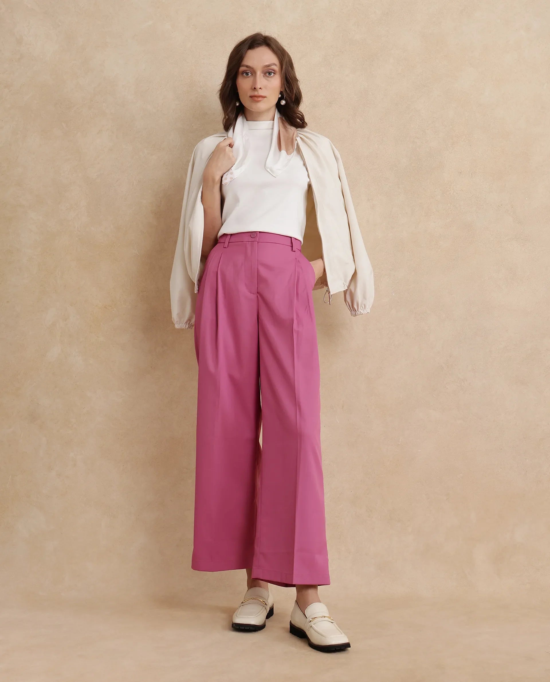 Rareism Women's Simany Pink Polyester Blend Plain Ankle Length Wide Trouser