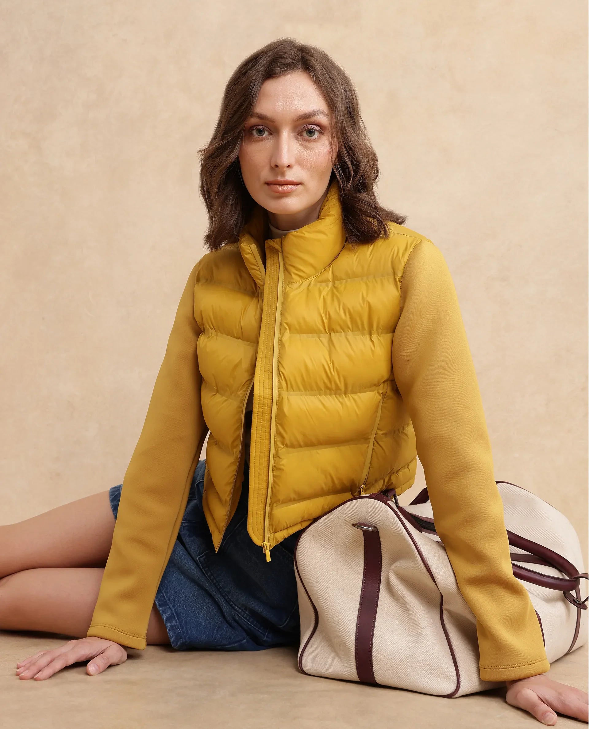 Rareism Women's Zarcro Yellow Stand Collar Plain Regular Fit Jacket
