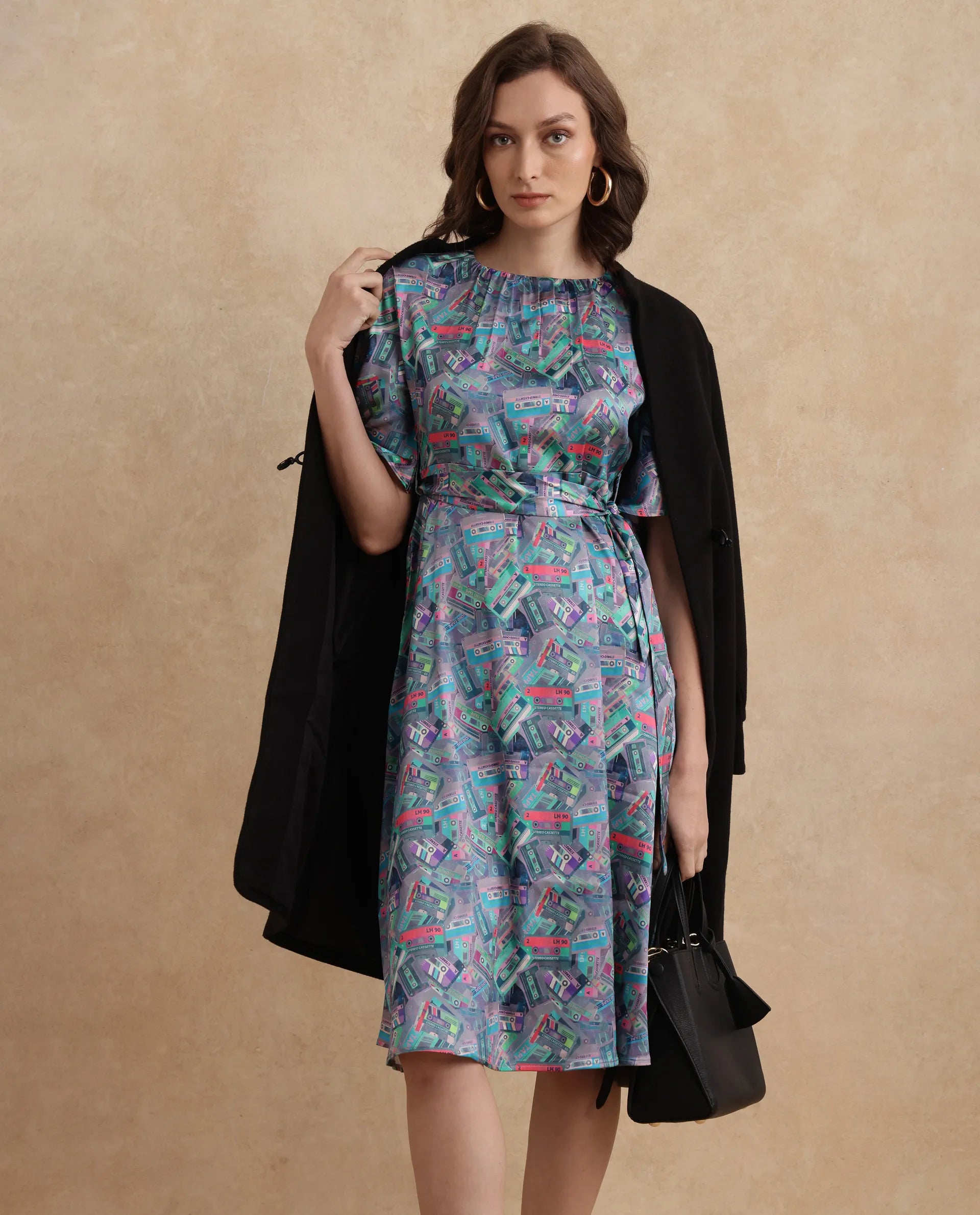 Rareism Women's Zived Multi Satin Round Neck Object Print Ruffled Sleeve Midi Fit And Flare Dress