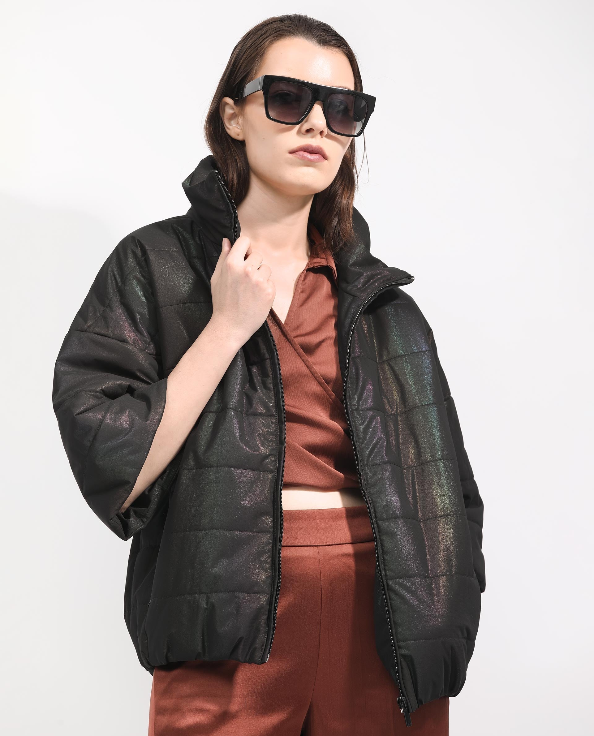 Rareism Women's Habit Black Polyester High Neck Plain Bell Sleeve Regular Fit Jacket