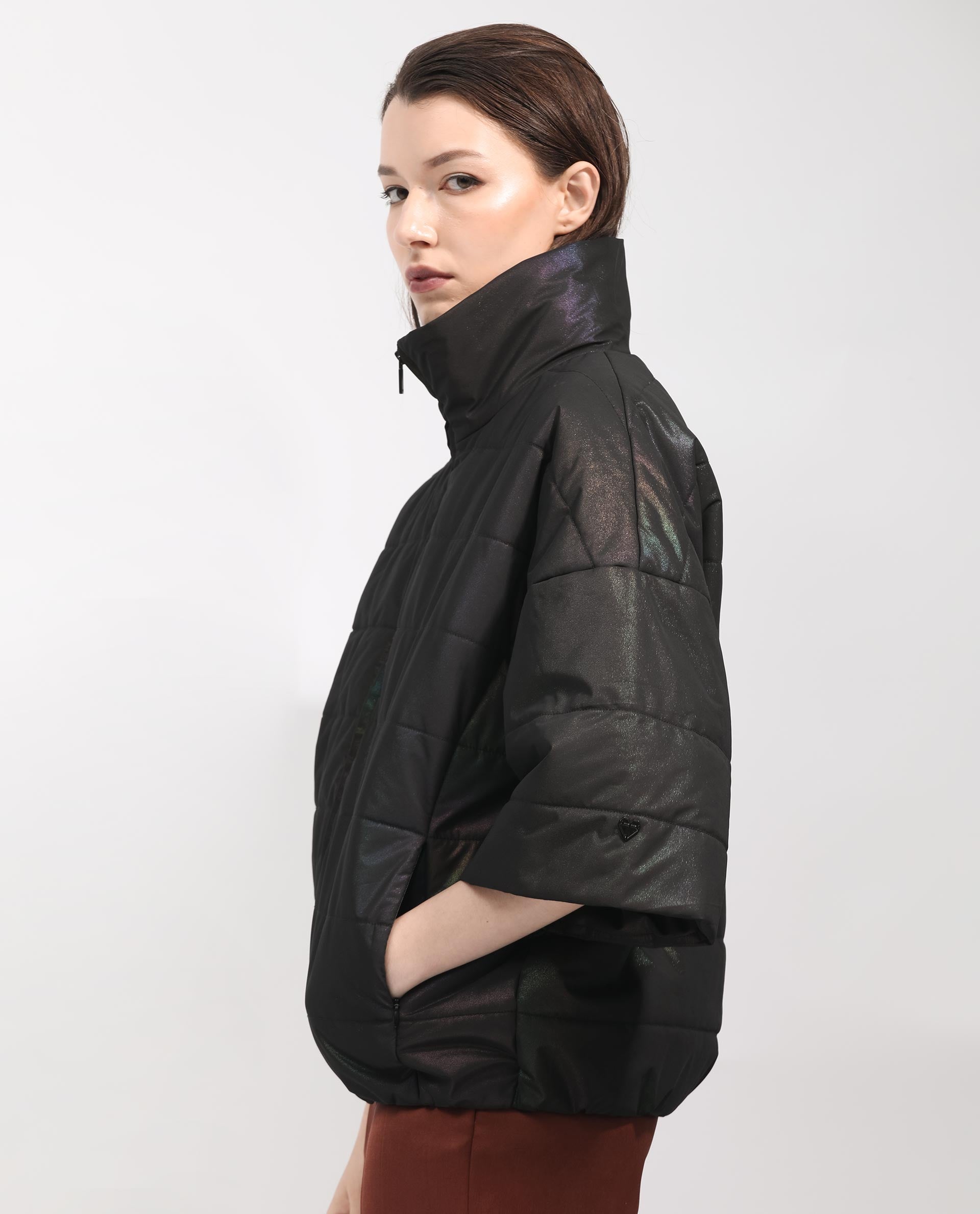 Rareism Women's Habit Black Polyester High Neck Plain Bell Sleeve Regular Fit Jacket