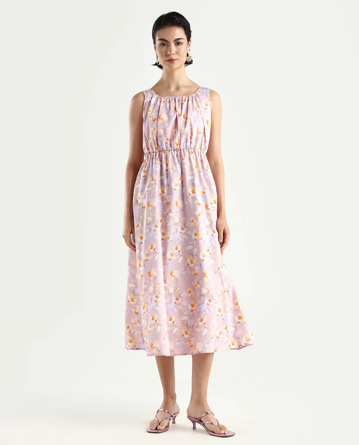 Rareism Women's Hailey Purple Cotton Crew Neck Floral Print Sleeveless Midi Regular Fit Dress