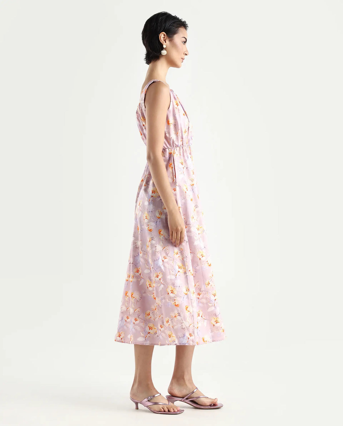 Rareism Women's Hailey Purple Cotton Crew Neck Floral Print Sleeveless Midi Regular Fit Dress