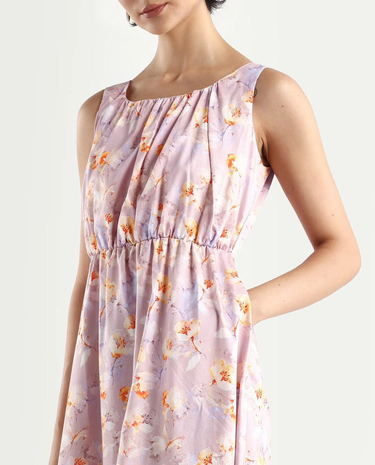 Rareism Women's Hailey Purple Cotton Crew Neck Floral Print Sleeveless Midi Regular Fit Dress