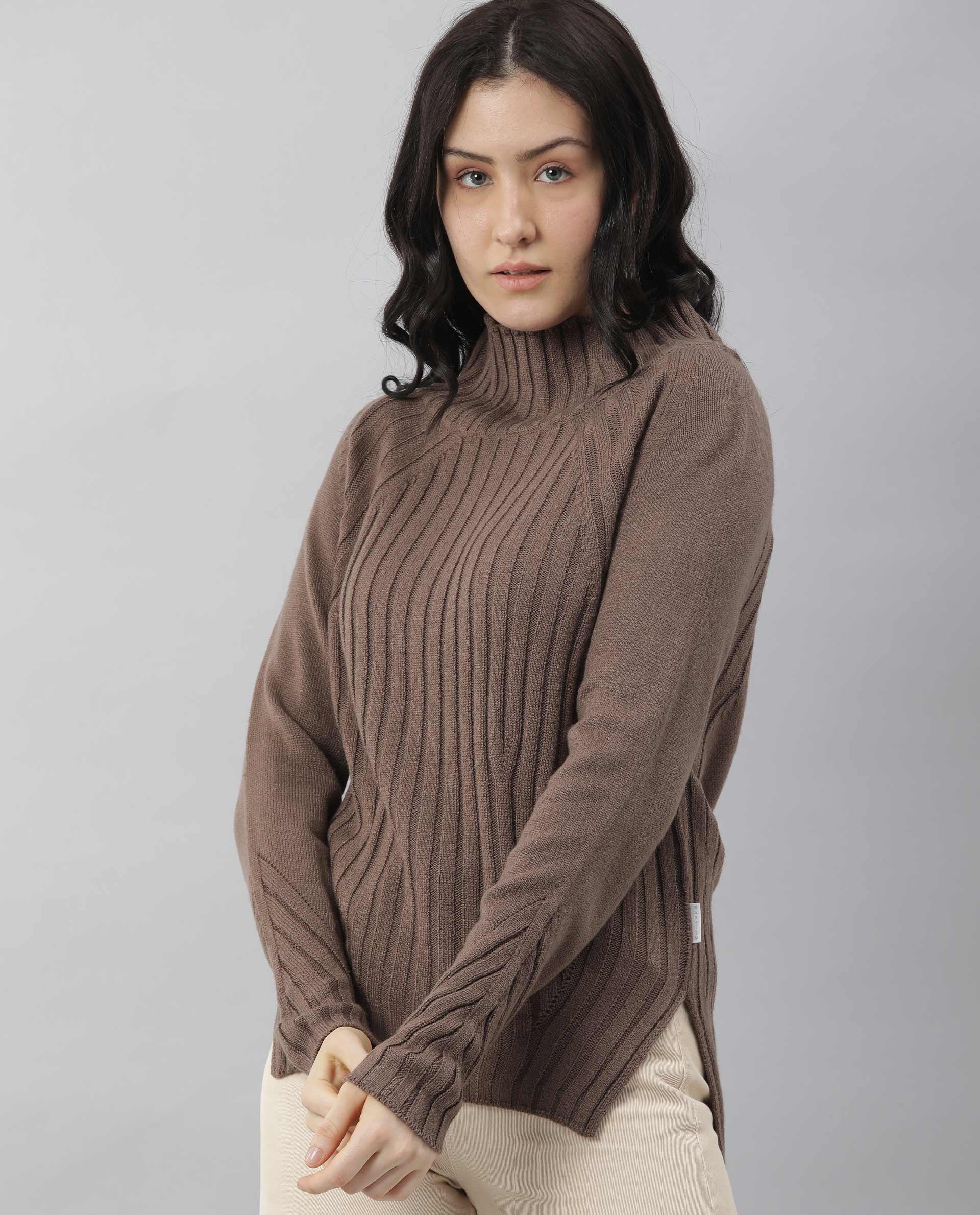 Rareism Women Halo Brown Acrylic Fabric Full Sleeves Regular Fit Solid High Neck Sweater