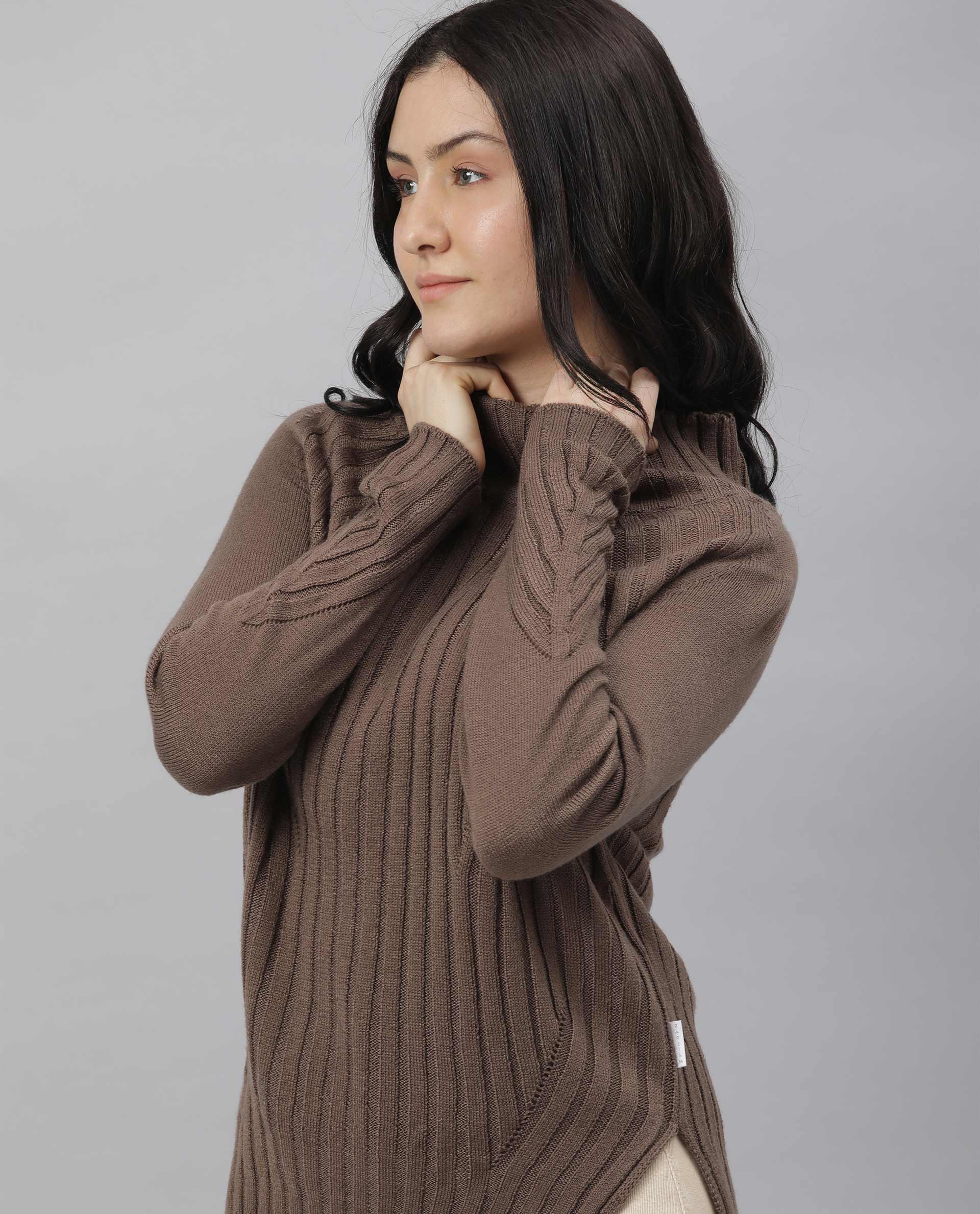 Rareism Women Halo Brown Acrylic Fabric Full Sleeves Regular Fit Solid High Neck Sweater