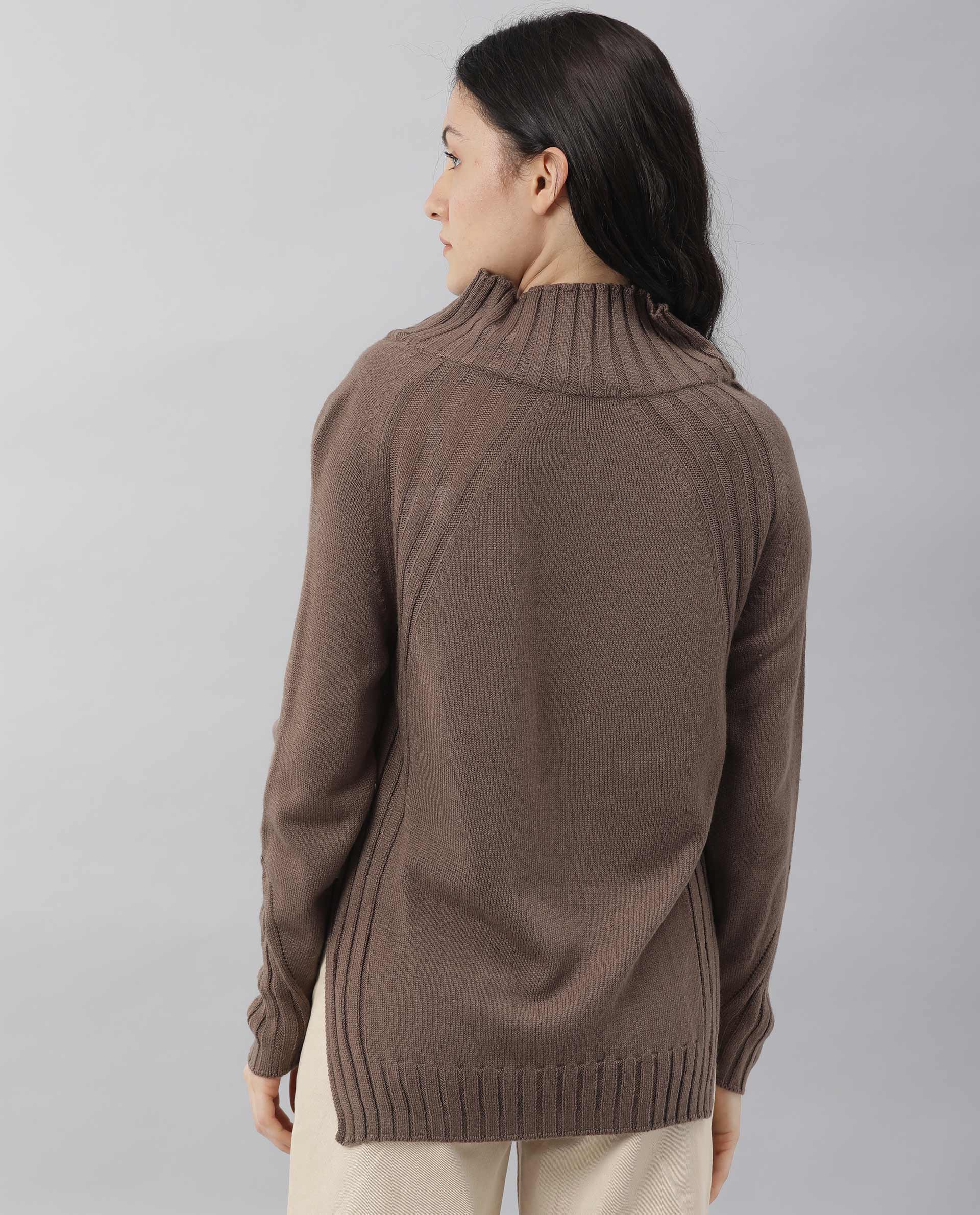 Rareism Women Halo Brown Acrylic Fabric Full Sleeves Regular Fit Solid High Neck Sweater