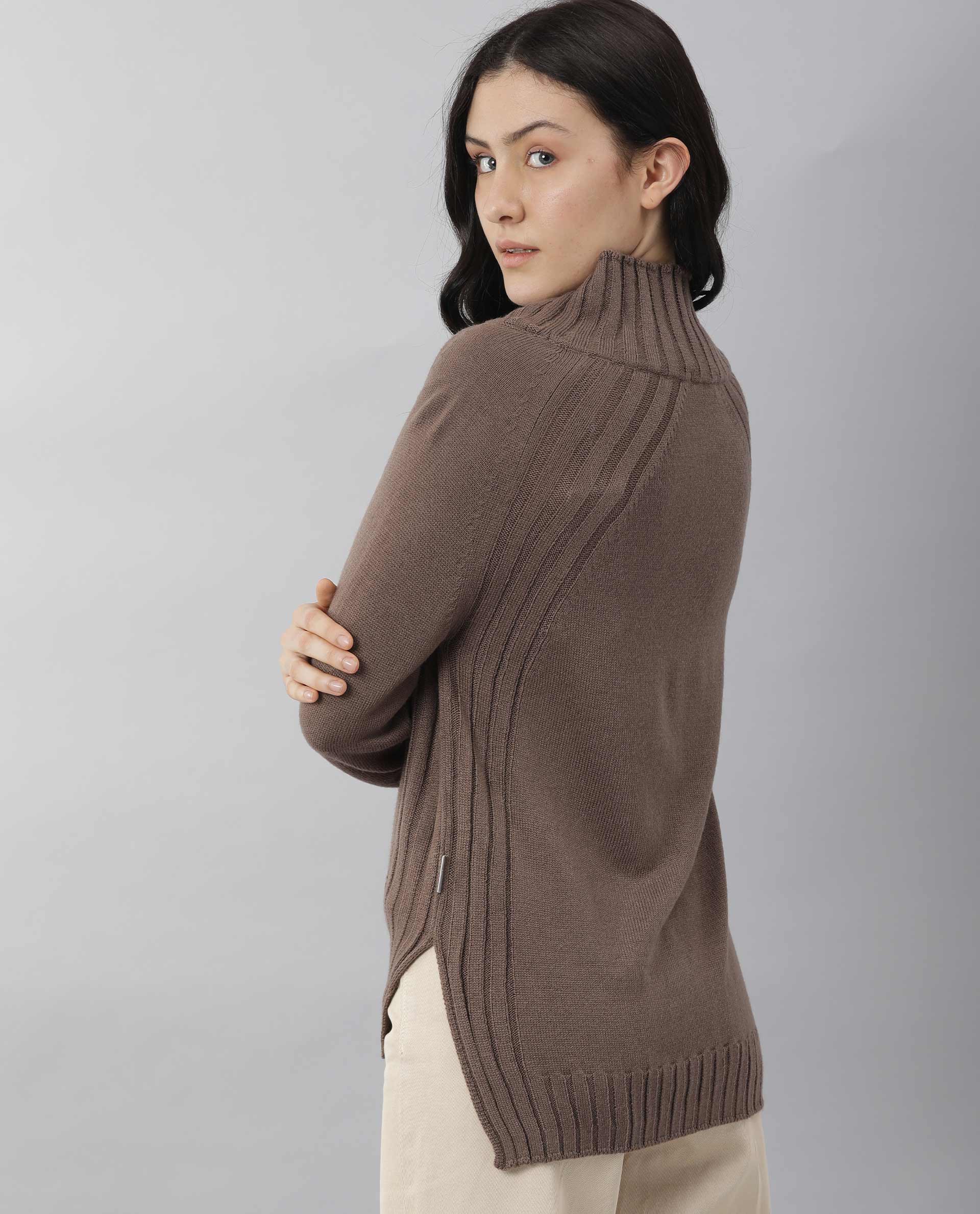Rareism Women Halo Brown Acrylic Fabric Full Sleeves Regular Fit Solid High Neck Sweater