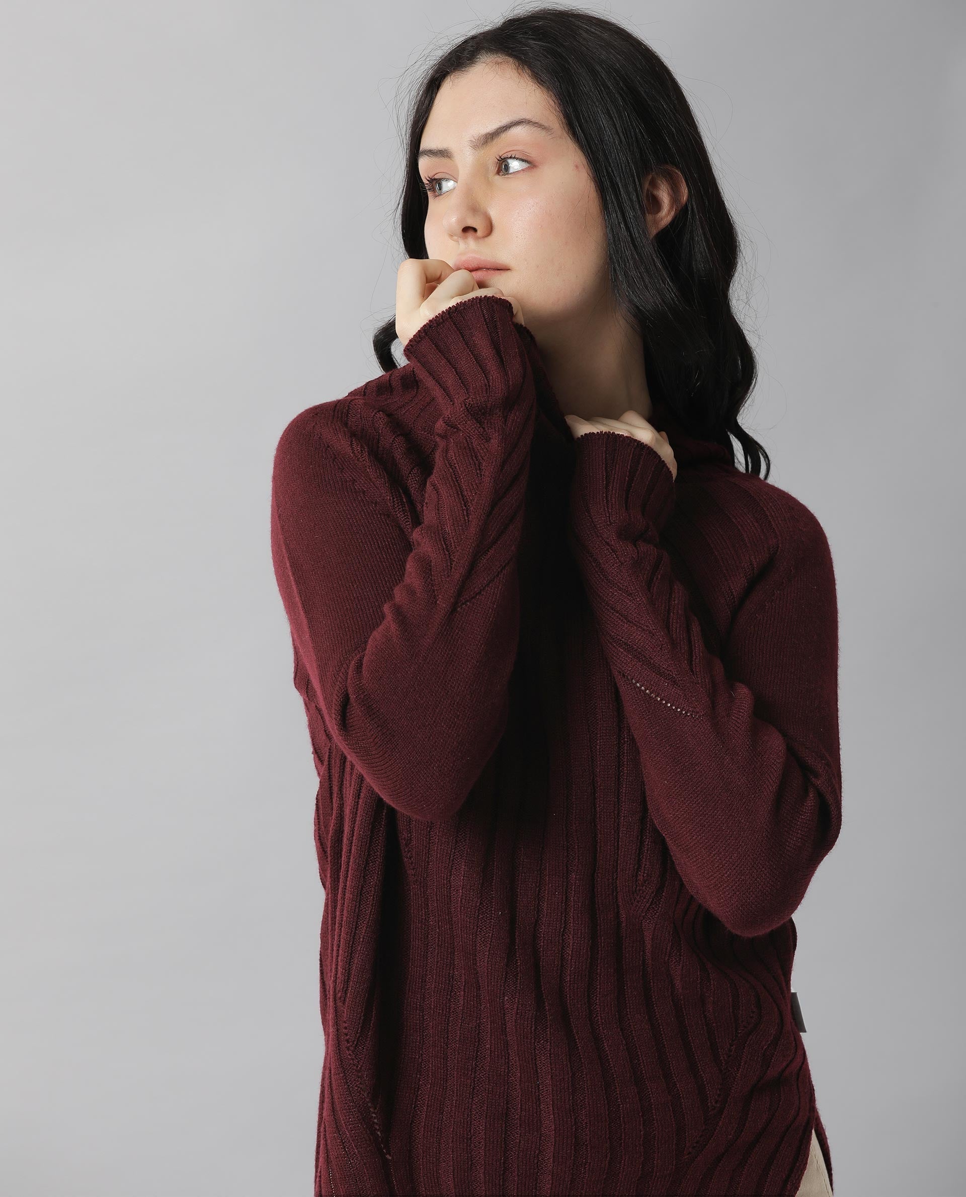 Rareism Women Halo Maroon Acrylic Fabric Full Sleeves Regular Fit Solid High Neck Sweater