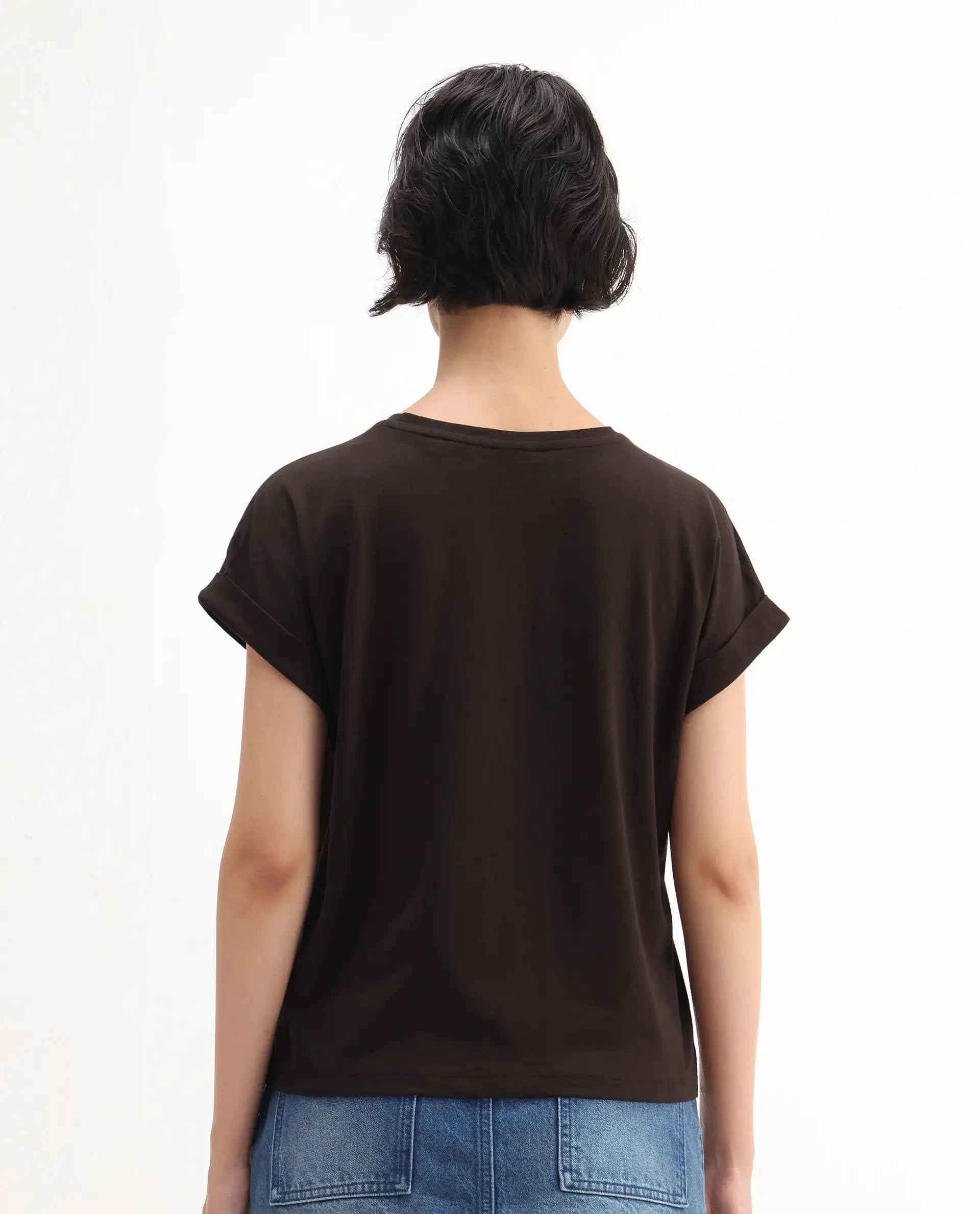 Rareism Women's Hamo Dark Brown Cotton Crew Neck Relaxed Fit T-Shirt