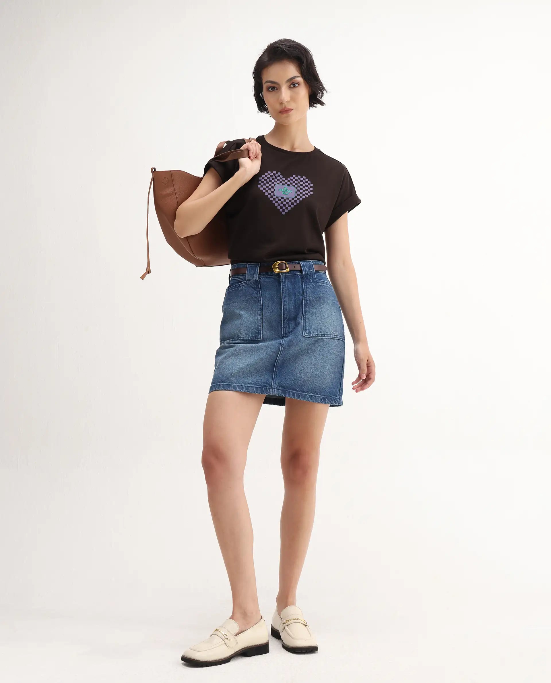 Rareism Women's Hamo Dark Brown Cotton Crew Neck Relaxed Fit T-Shirt