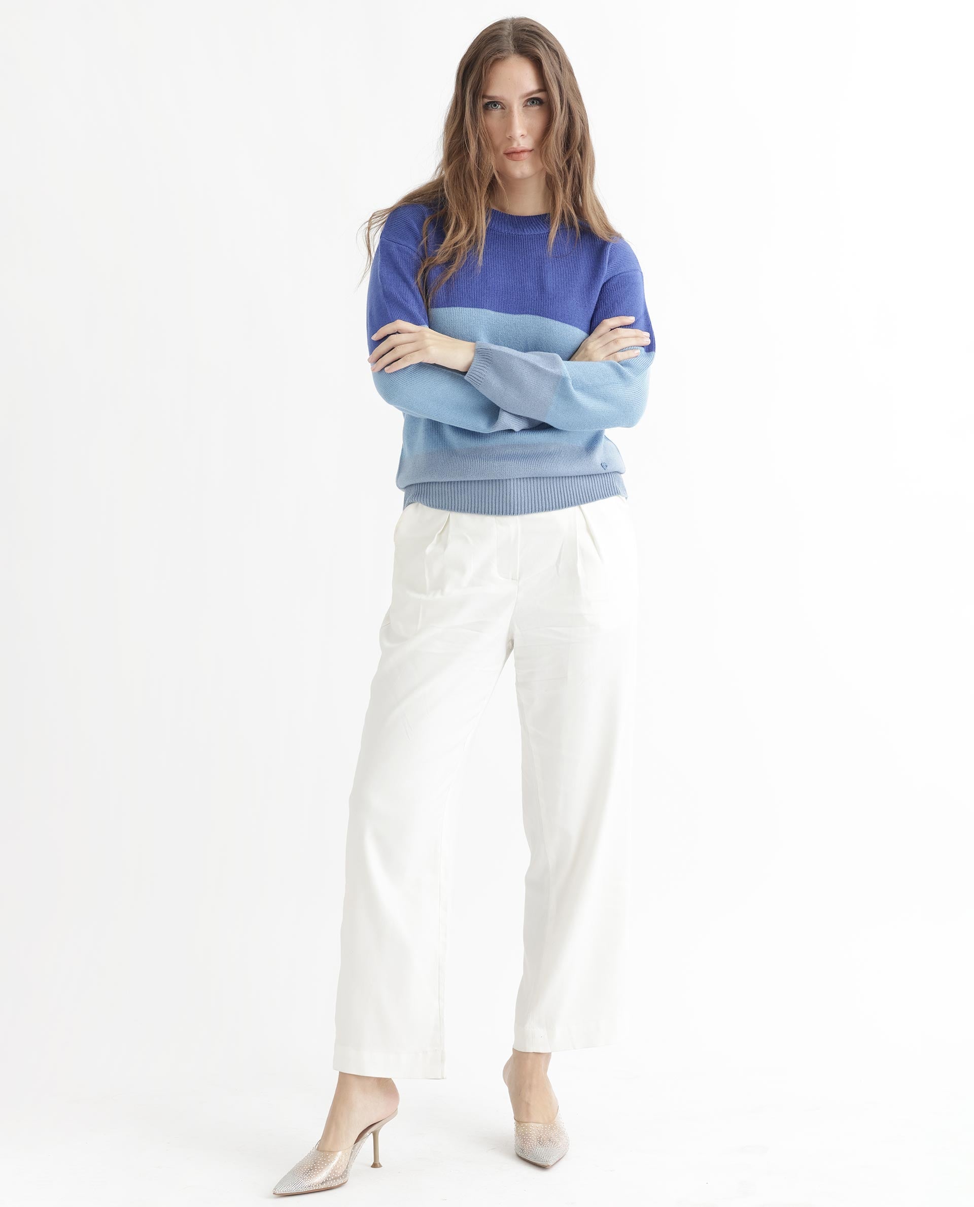 Rareism Women's Hampshire Blue Acrylic Crew Neck Color Block Relaxed Fit Sweater