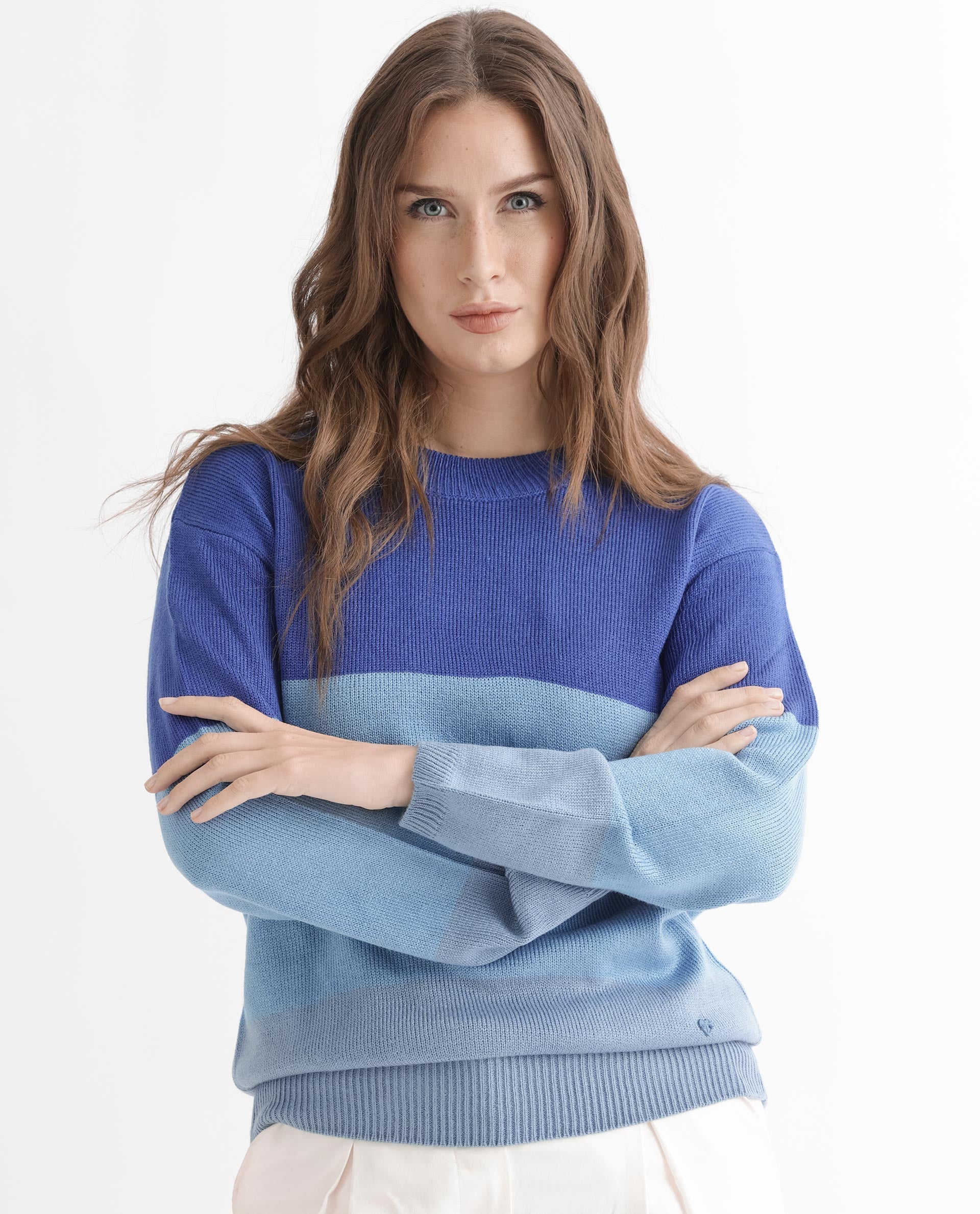 Rareism Women's Hampshire Blue Acrylic Crew Neck Color Block Relaxed Fit Sweater